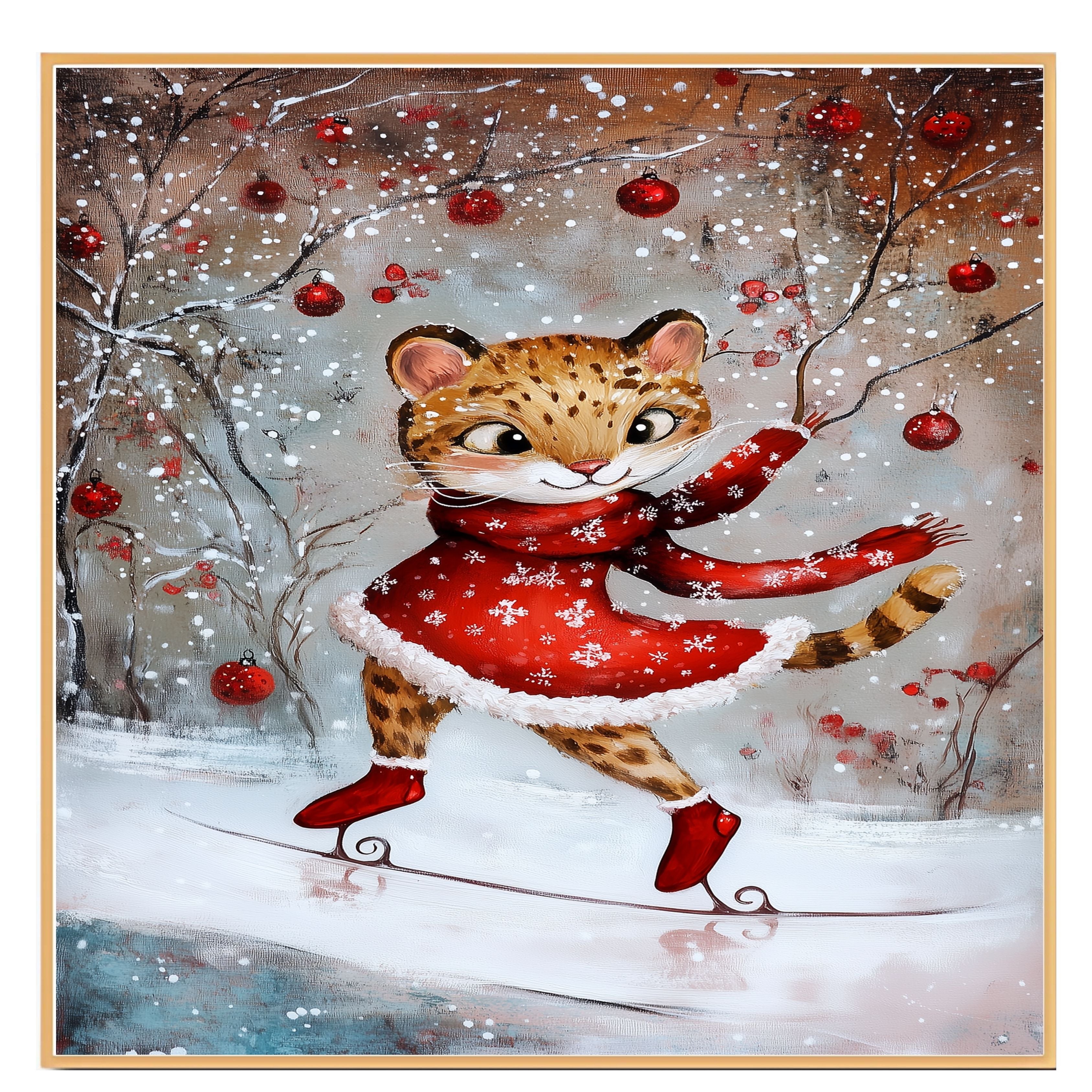 Charming Christmas Cougar Ice Skating in Red Dress Whimsical Holiday Art Featuring Playful Wild Cat in Snowy Forest for Winter Decor and Animal Lovers on Ready to Hang 1.5" Thick Canvas Wrap, Floating Framed Canvas, Flat Rolled Canvas