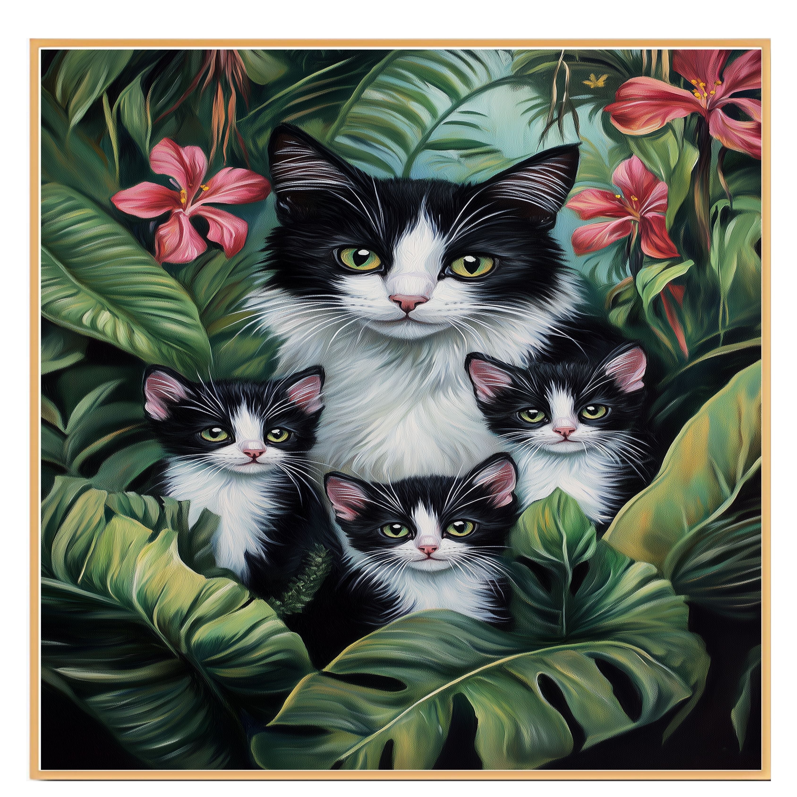 Paradise Paws: Tuxedo Mom and Three Kittens in a Tropical Forest on Ready to Hang 1.5" Thick Canvas Wrap, Floating Framed Canvas, Flat Rolled Canvas