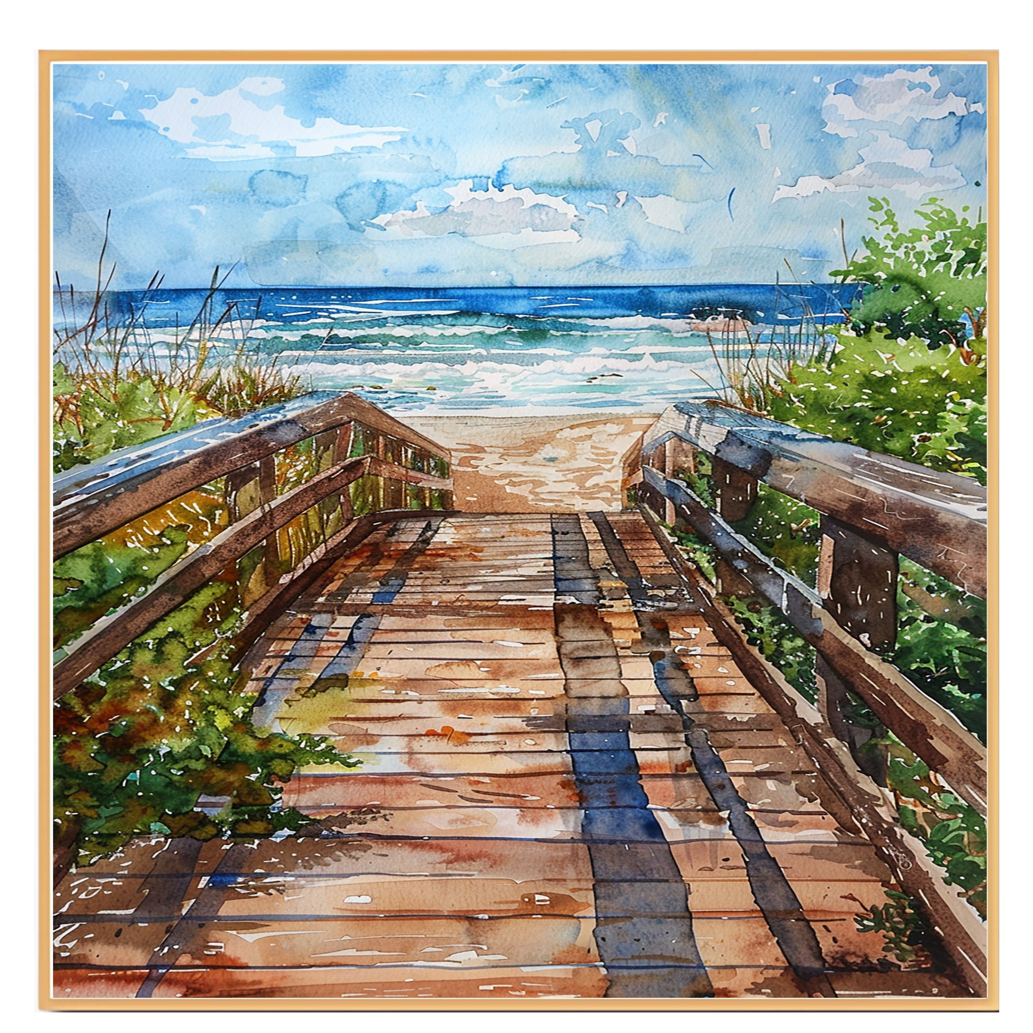 Coastal Boardwalk to Beach Watercolor Painting – Ocean Pathway Scene with Dunes, Waves, and Sky on Ready to Hang 1.5" Thick Canvas Wrap, Floating Framed Canvas, Flat Rolled Canvas