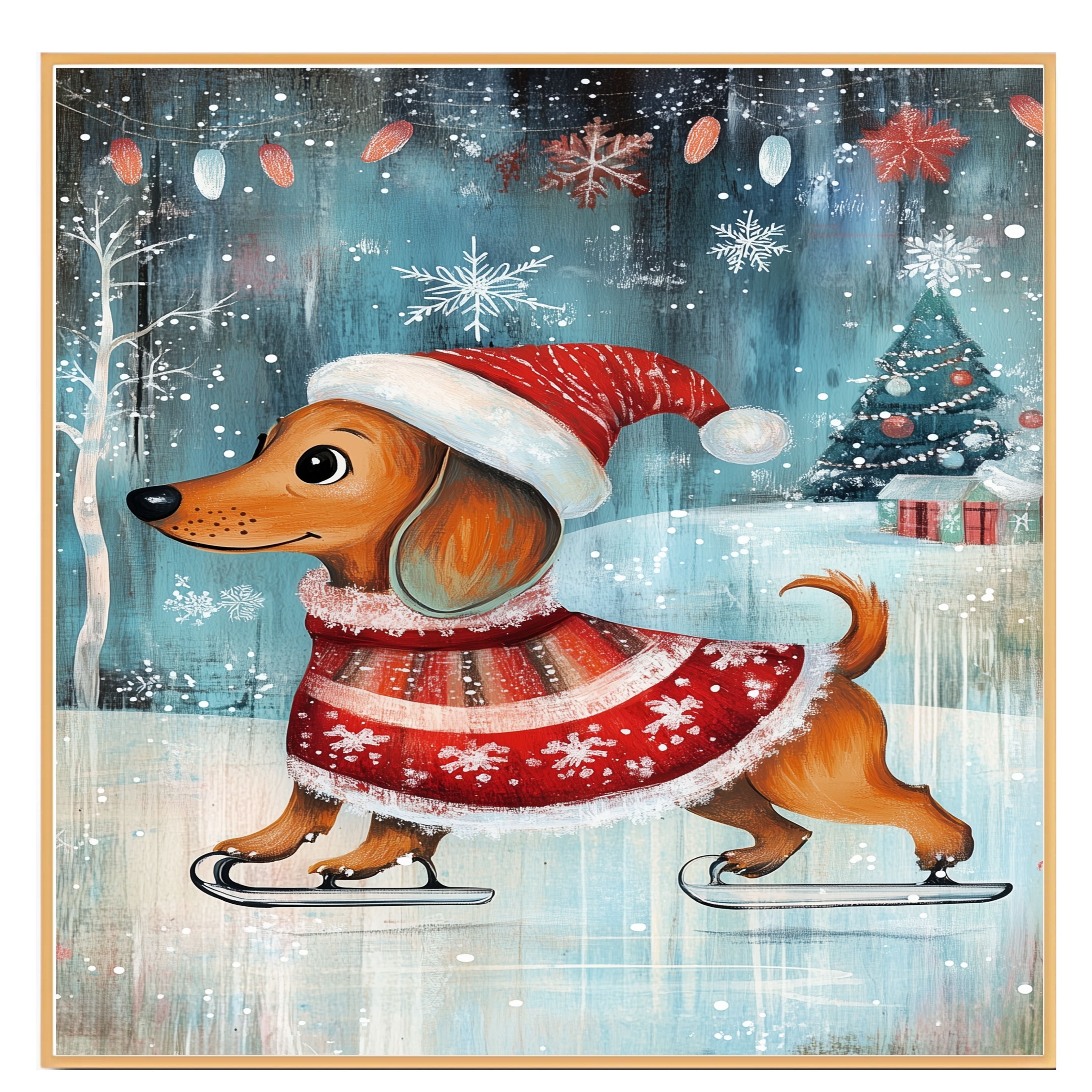 Adorable Christmas Dachshund Dog Ice Skating in Santa Hat and Festive Sweater Whimsical Holiday Art for Winter Pet Lovers and Seasonal Home Décor on Ready to Hang 1.5" Thick Canvas Wrap, Floating Framed Canvas, Flat Rolled Canvas