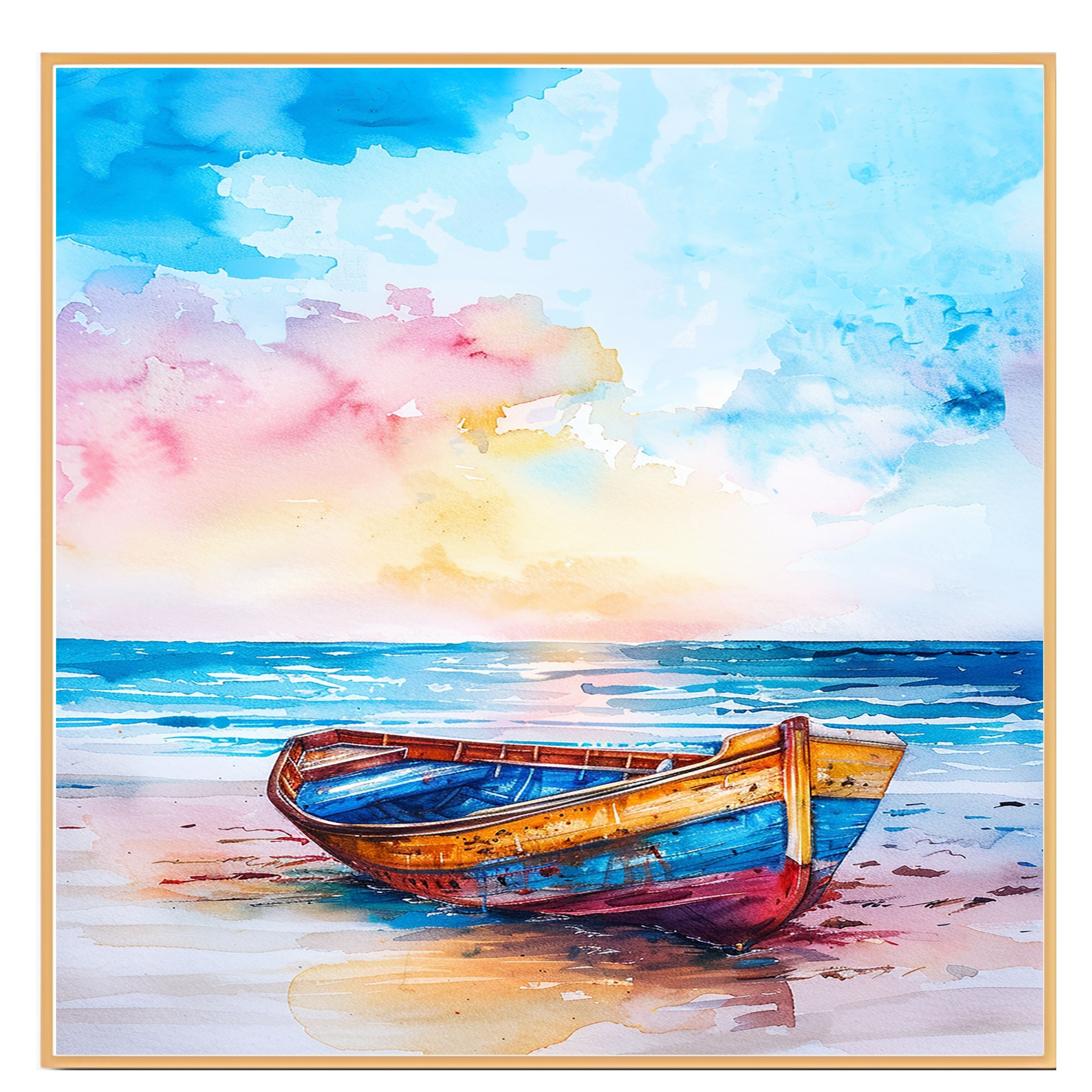 Watercolor Painting of Colorful Wooden Boat on Sandy Shore with Ocean View and Bright Sky in Soft Blue Pink and Yellow Tones on Ready to Hang 1.5" Thick Canvas Wrap, Floating Framed Canvas, Flat Rolled Canvas