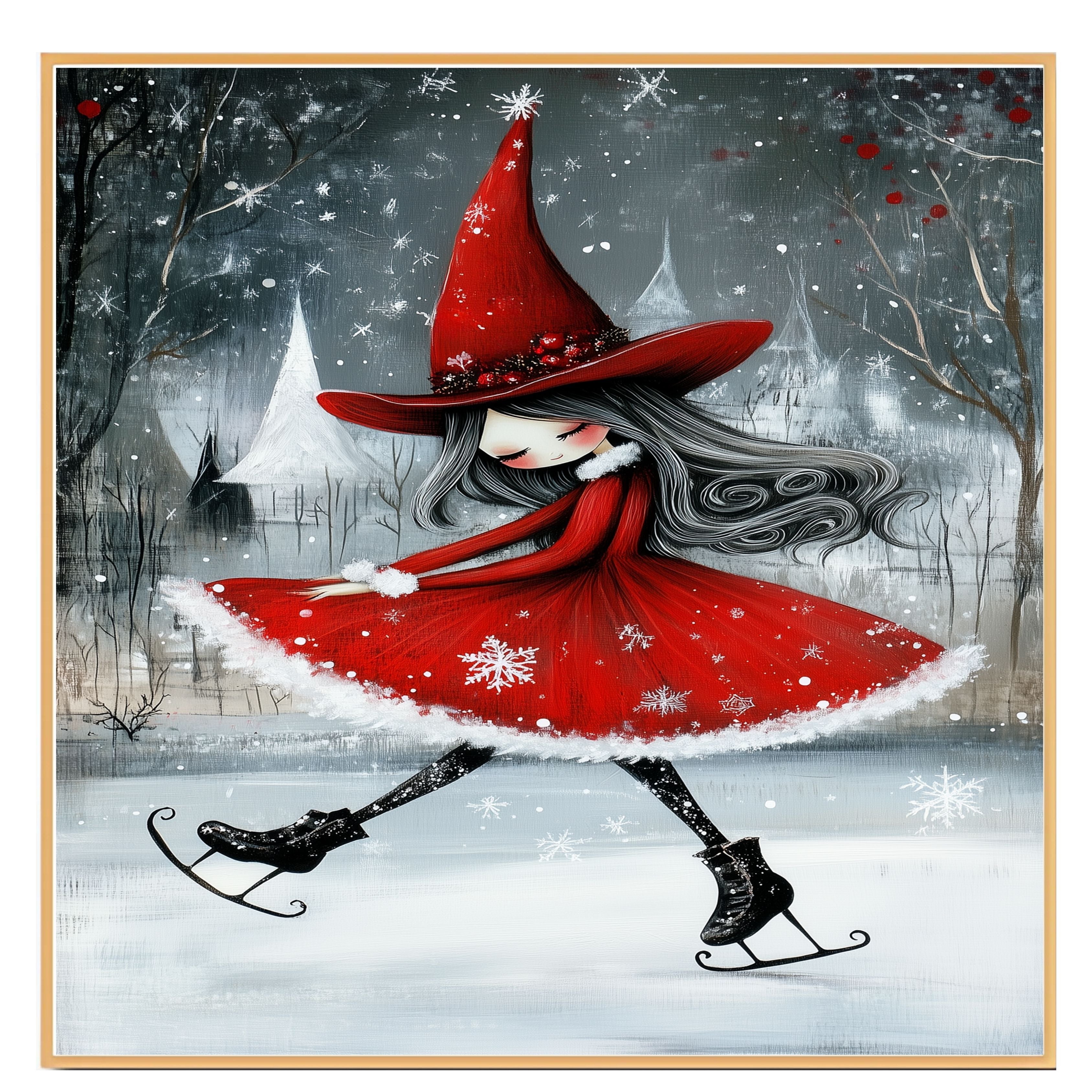 Whimsical Christmas Witch Ice Skating Art Print – Red Holiday Dress, Gothic Winter Magic Illustration, Enchanted Seasonal Wall Decor for Wiccan or Fairycore Vibes on Ready to Hang 1.5" Thick Canvas Wrap, Floating Framed Canvas, Flat Rolled Canvas