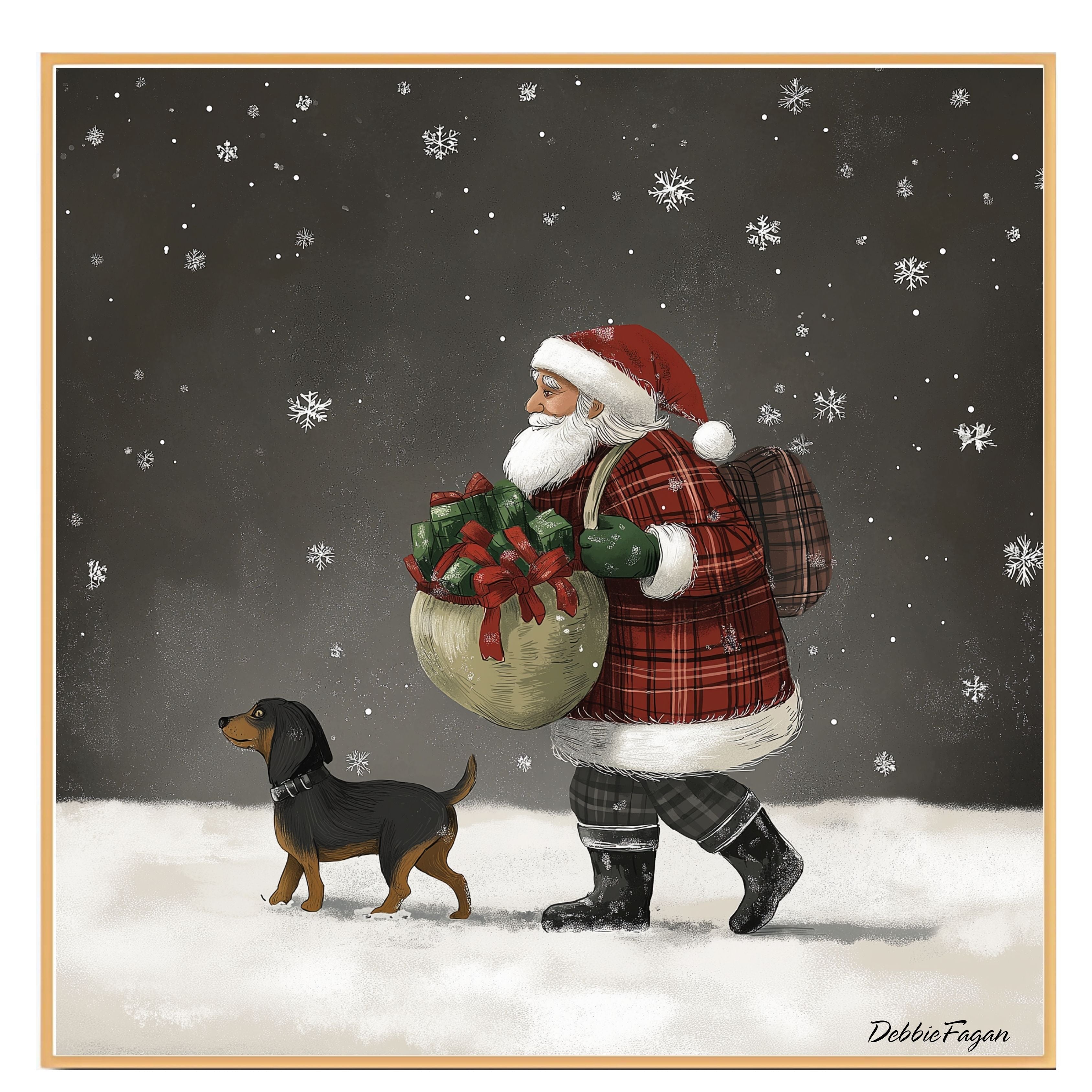 Dog Christmas Canvas  - ÒSantaÕs SidekickÓ - Joyful Pup Walking in the Snow on Ready to Hang 1.5" Thick Canvas Wrap, Floating Framed Canvas, Flat Rolled Canvas