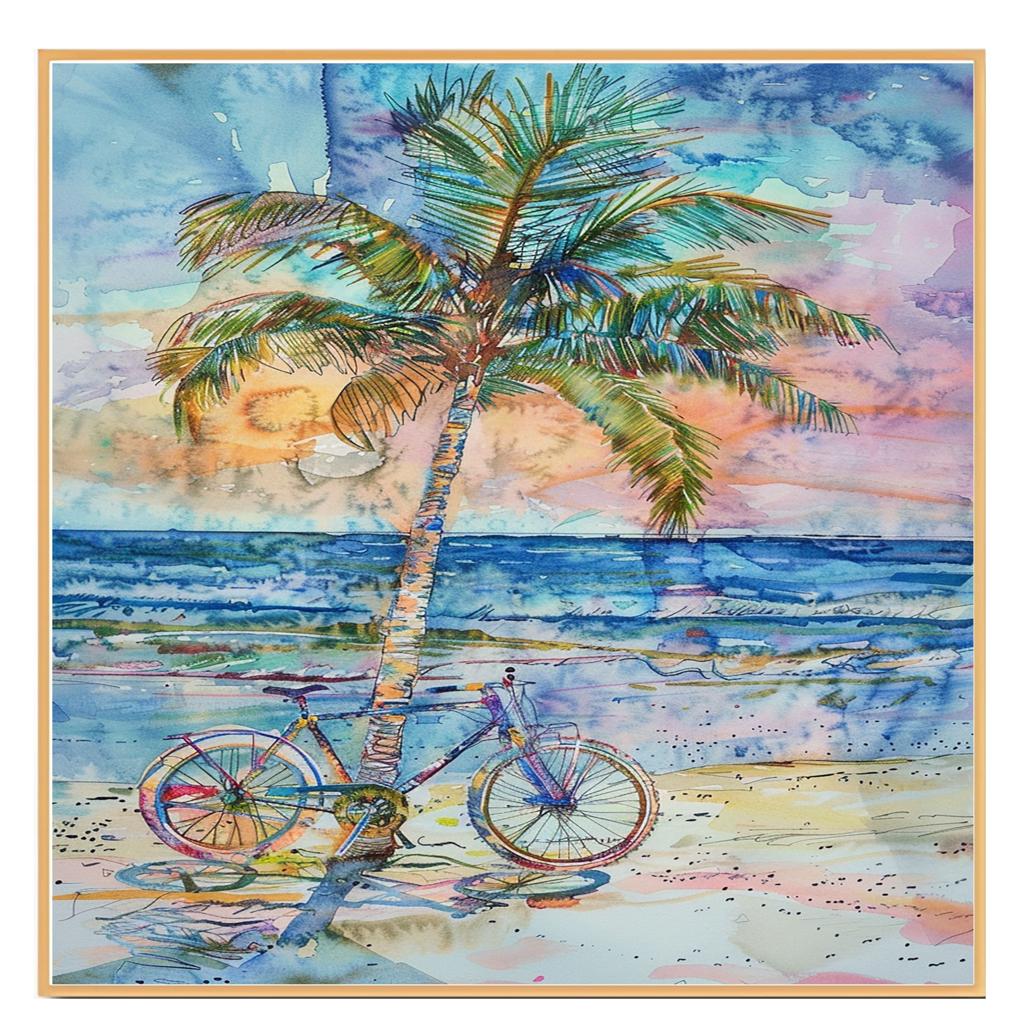 Palm Tree and Bicycle on the Beach Watercolor Painting with Vibrant Ocean Sunset on Ready to Hang 1.5" Thick Canvas Wrap, Floating Framed Canvas, Flat Rolled Canvas