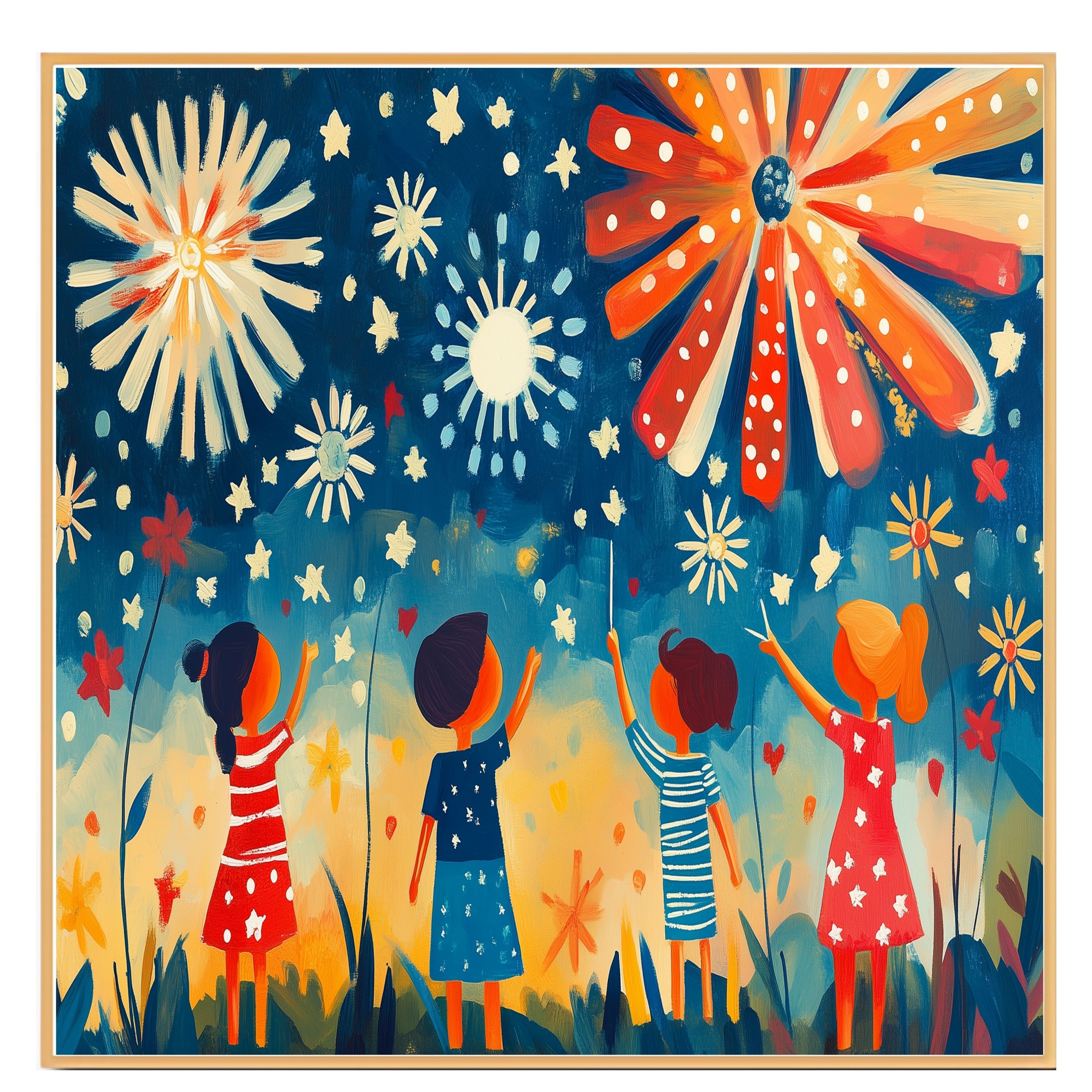 Whimsical Folk Art of Children Watching Fireworks on 4th of July Night, Playful Patriotic Scene with Stars, Bursts of Color, and Red, White, and Blue Outfits on Ready to Hang 1.5" Thick Canvas Wrap, Floating Framed Canvas, Flat Rolled Canvas