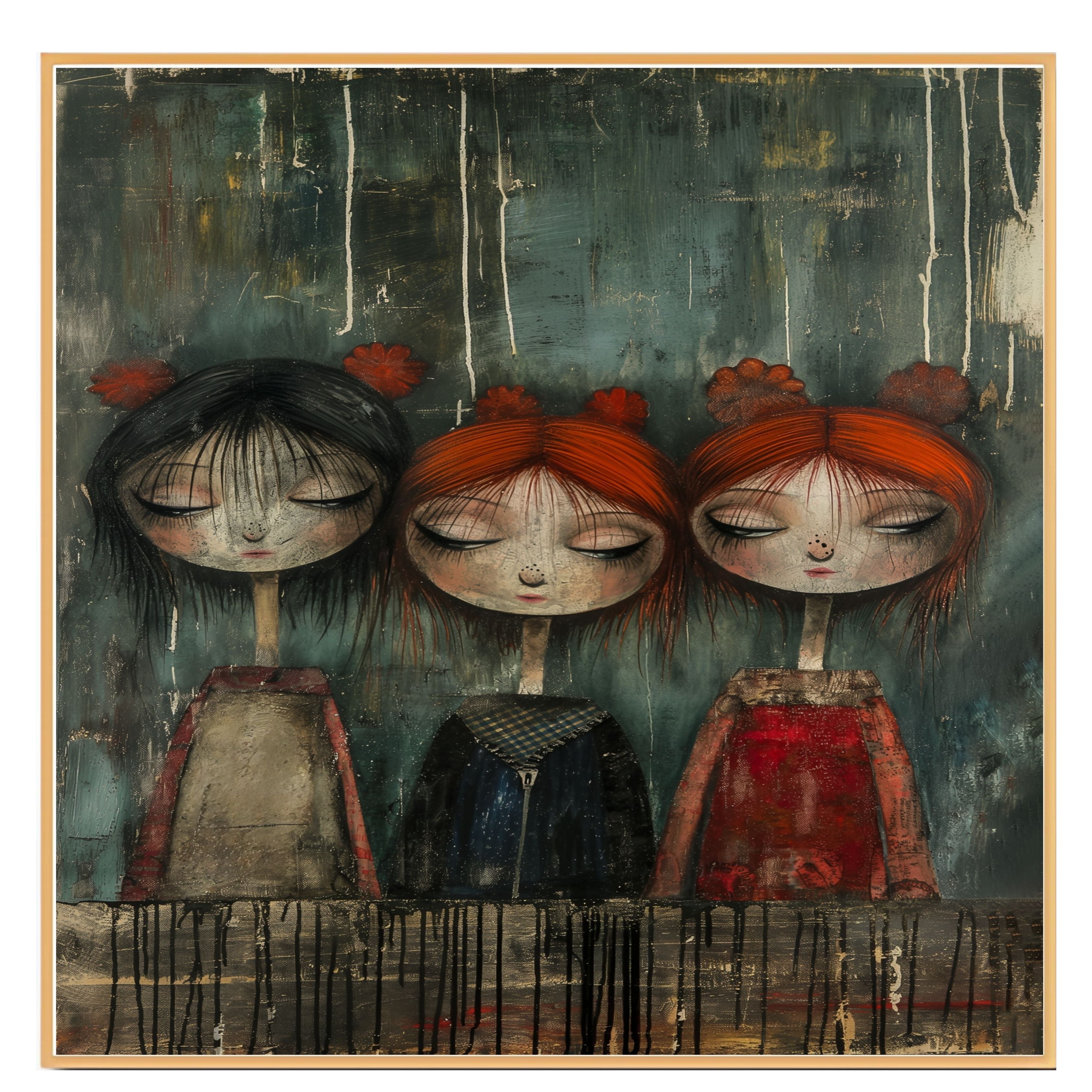 Emotional Trio of Girls Moody Hand Painted Art Deep and Expressive Portrait Perfect for Home Wall Decor Living Room Bedroom Office or Unique Gift on Ready to Hang 1.5" Thick Canvas Wrap, Floating Framed Canvas, Flat Rolled Canvas