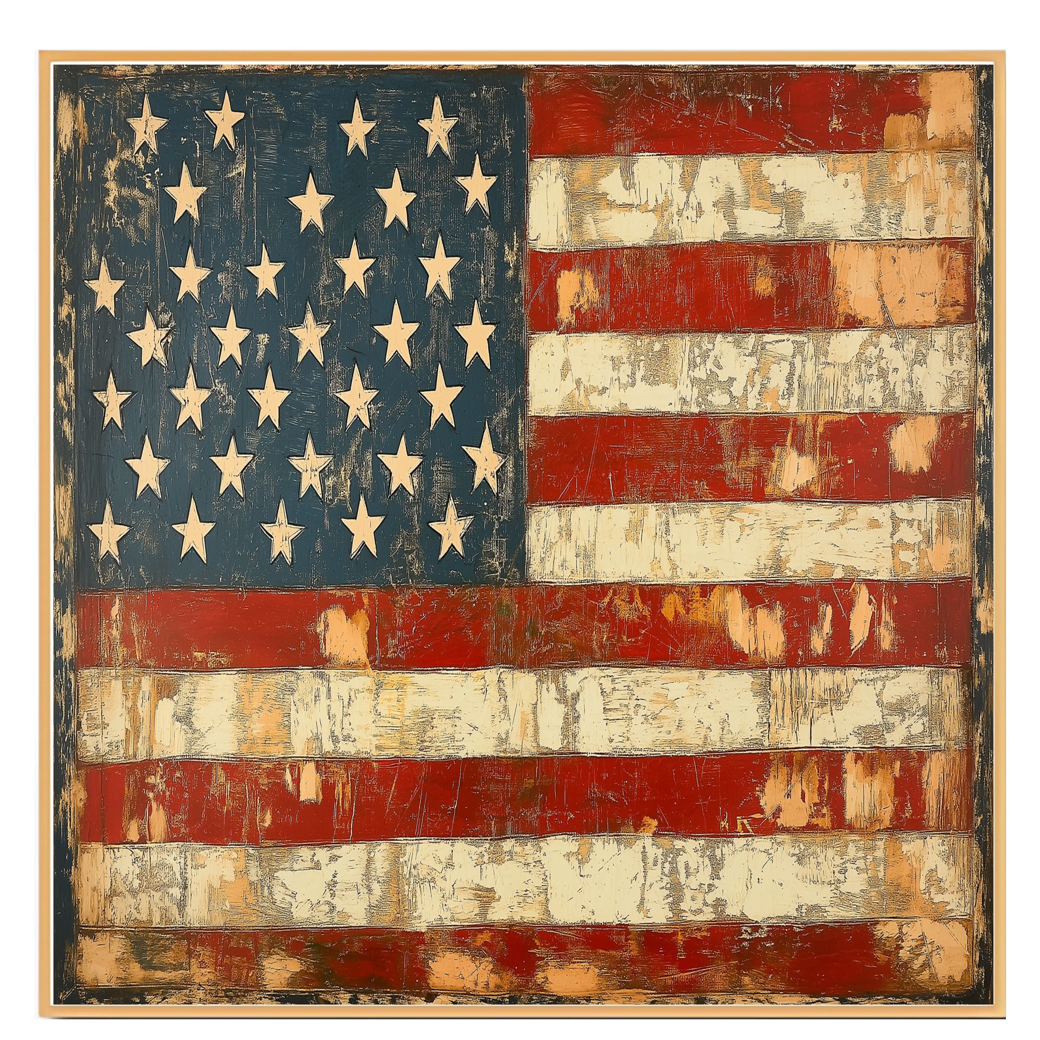 Rustic American Flag in Vintage Folk Art Style with Distressed Texture, Aged Red White and Blue Stripes, and Weathered Stars for Timeless Patriotic Charm on Ready to Hang 1.5" Thick Canvas Wrap, Floating Framed Canvas, Flat Rolled Canvas