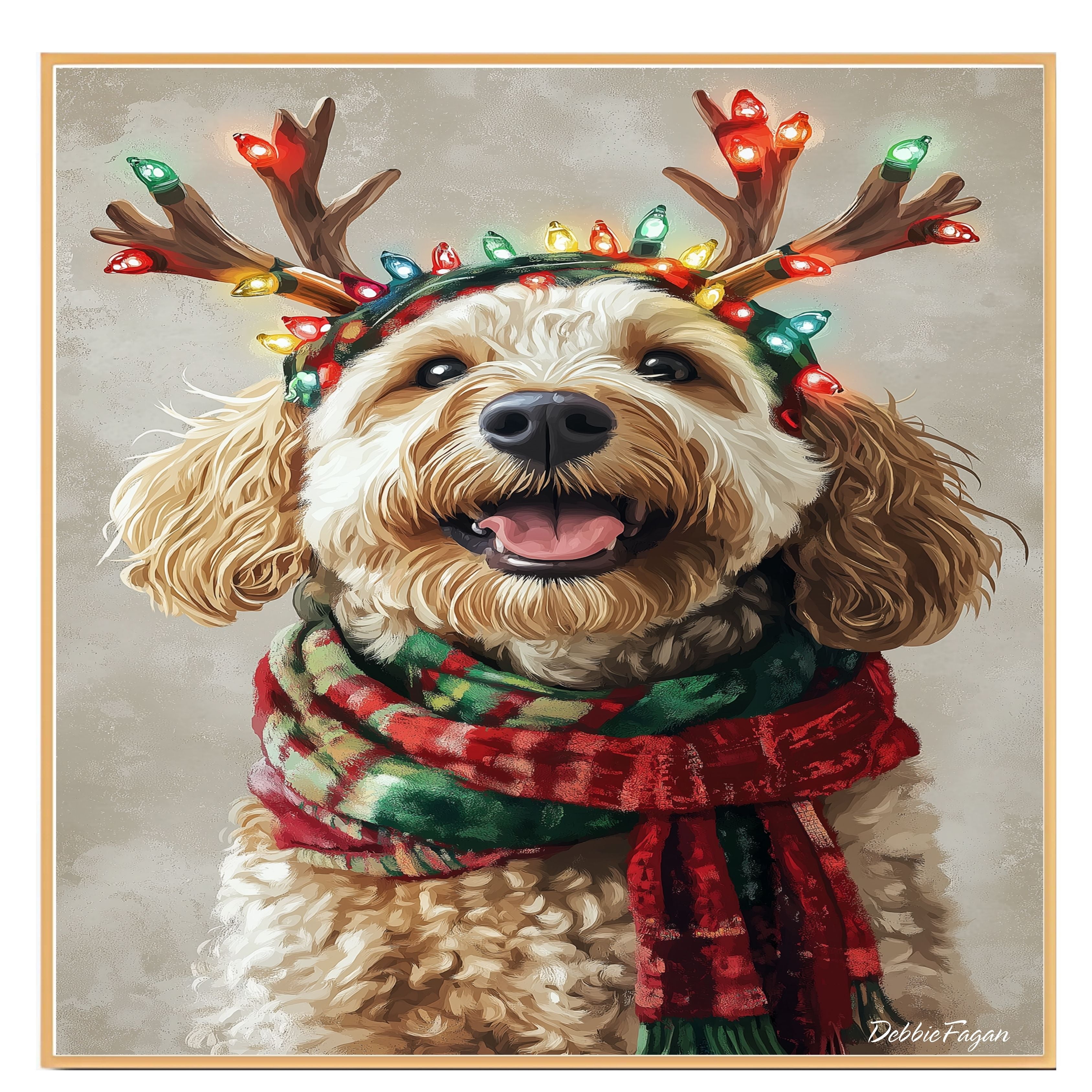 Rustic Joy' - Bernedoodle Dog with Lighted Antlers & Cozy Scarf on Rustic Canvas, Ready to Hang 1.5" Thick Canvas Wrap, Floating Framed Canvas, Flat Rolled Canvas