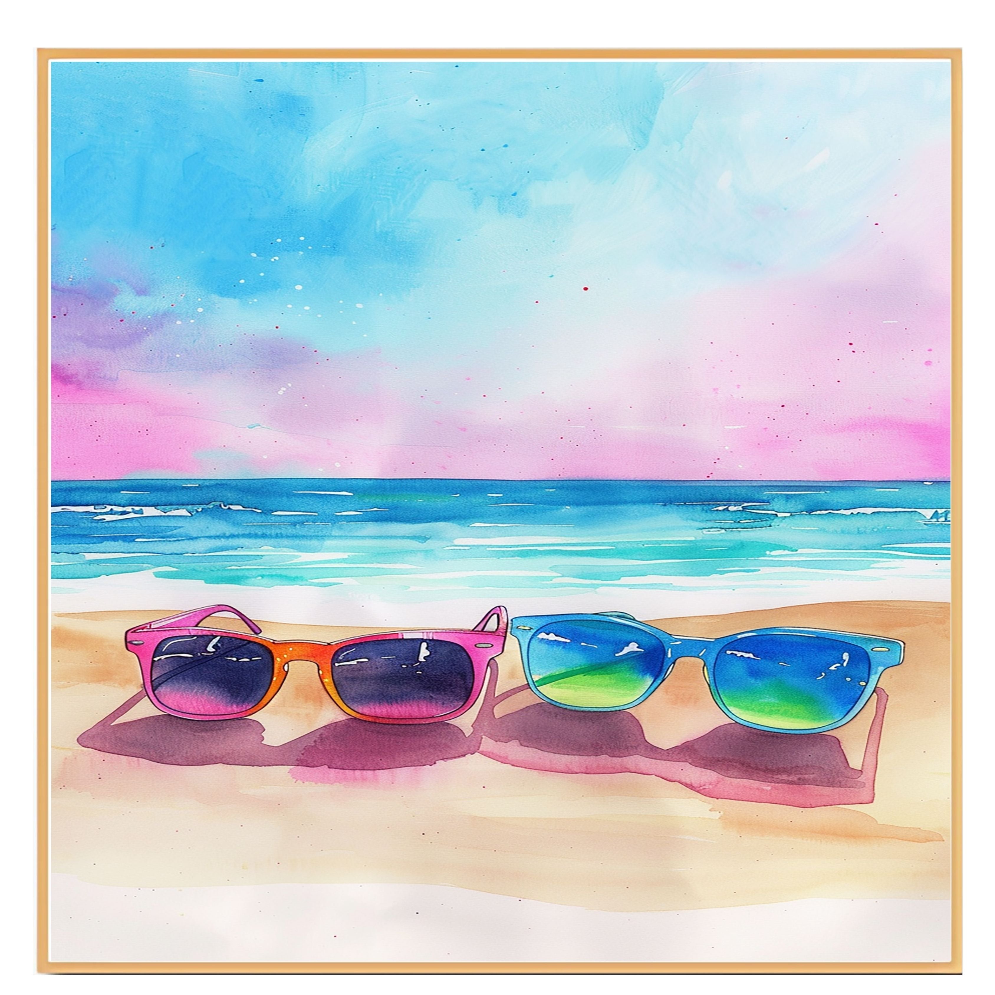Colorful Sunglasses on Sandy Beach with Vibrant Ocean Waves and Pink Blue Sky in Watercolor Summer Coastal Illustration on Ready to Hang 1.5" Thick Canvas Wrap, Floating Framed Canvas, Flat Rolled Canvas
