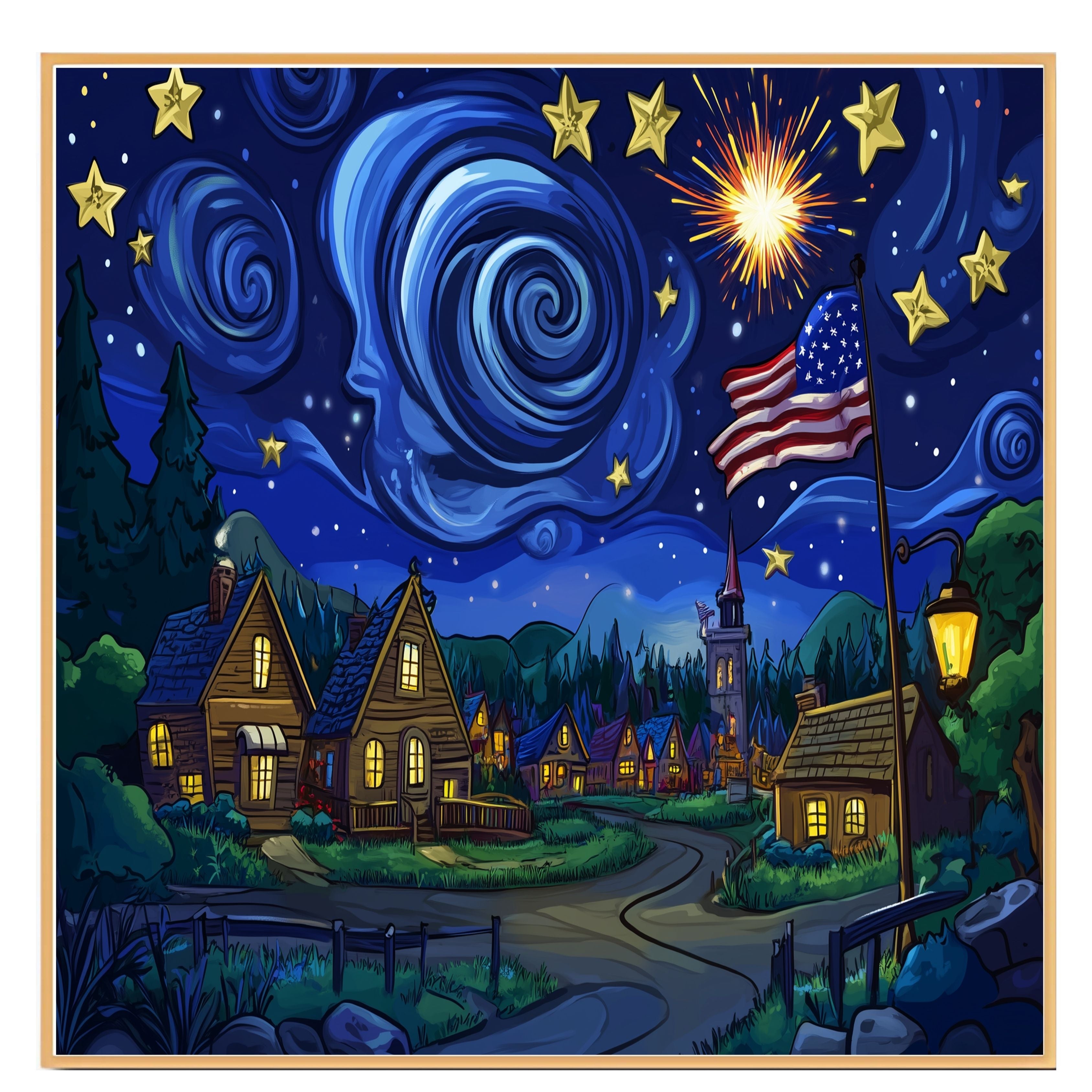 Whimsical 4th of July Village Scene with Fireworks, American Flag, and Starry Swirling Sky, Glowing Homes and a Festive Night Full of Wonder and Celebration on Ready to Hang 1.5" Thick Canvas Wrap, Floating Framed Canvas, Flat Rolled Canvas