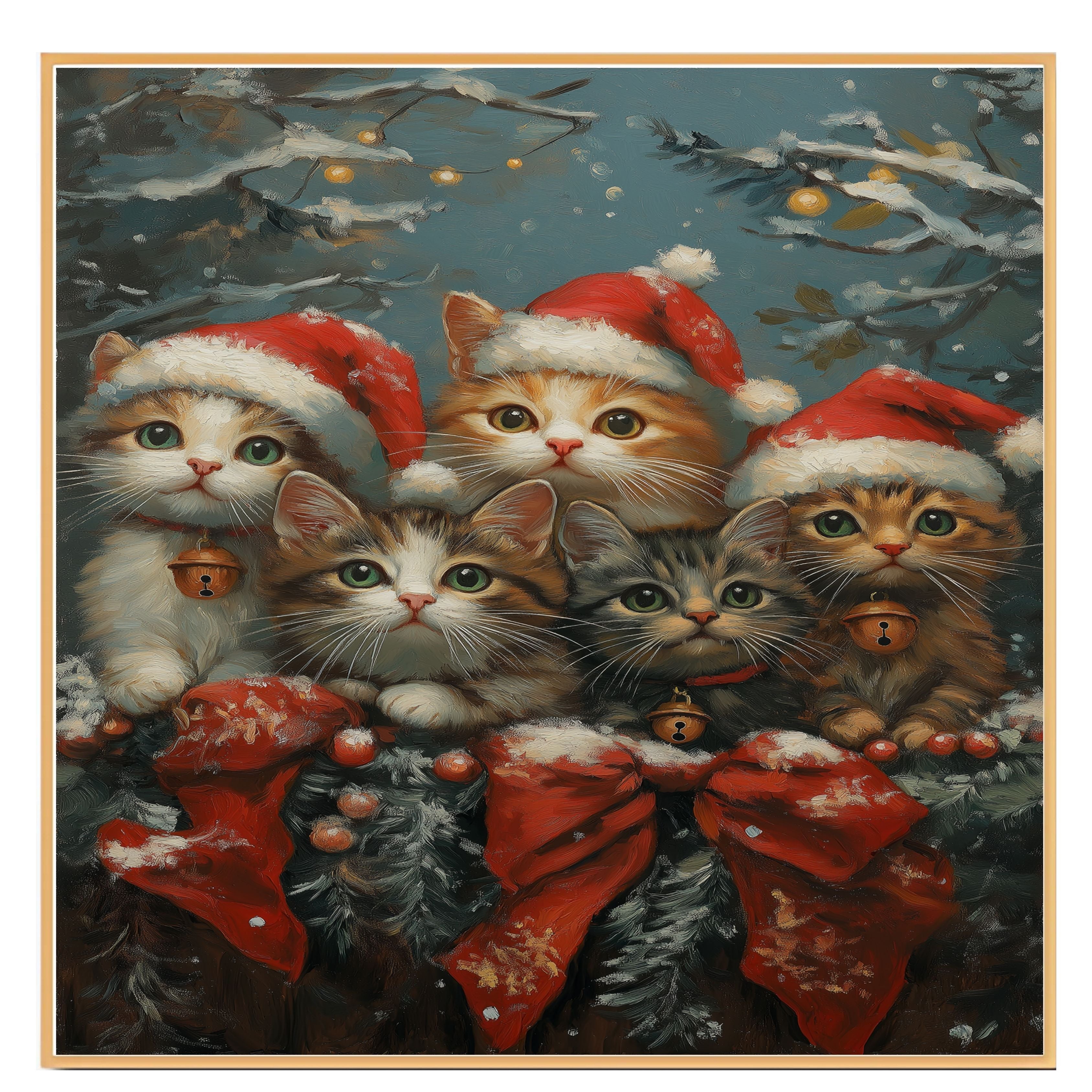 Vintage Style Painting of Five Christmas Kittens in Santa Hats with Bells and Red Bows Perfect for Holiday Decor or a Cute Seasonal Gift for Cat Lovers on Ready to Hang 1.5" Thick Canvas Wrap, Floating Framed Canvas, Flat Rolled Canvas