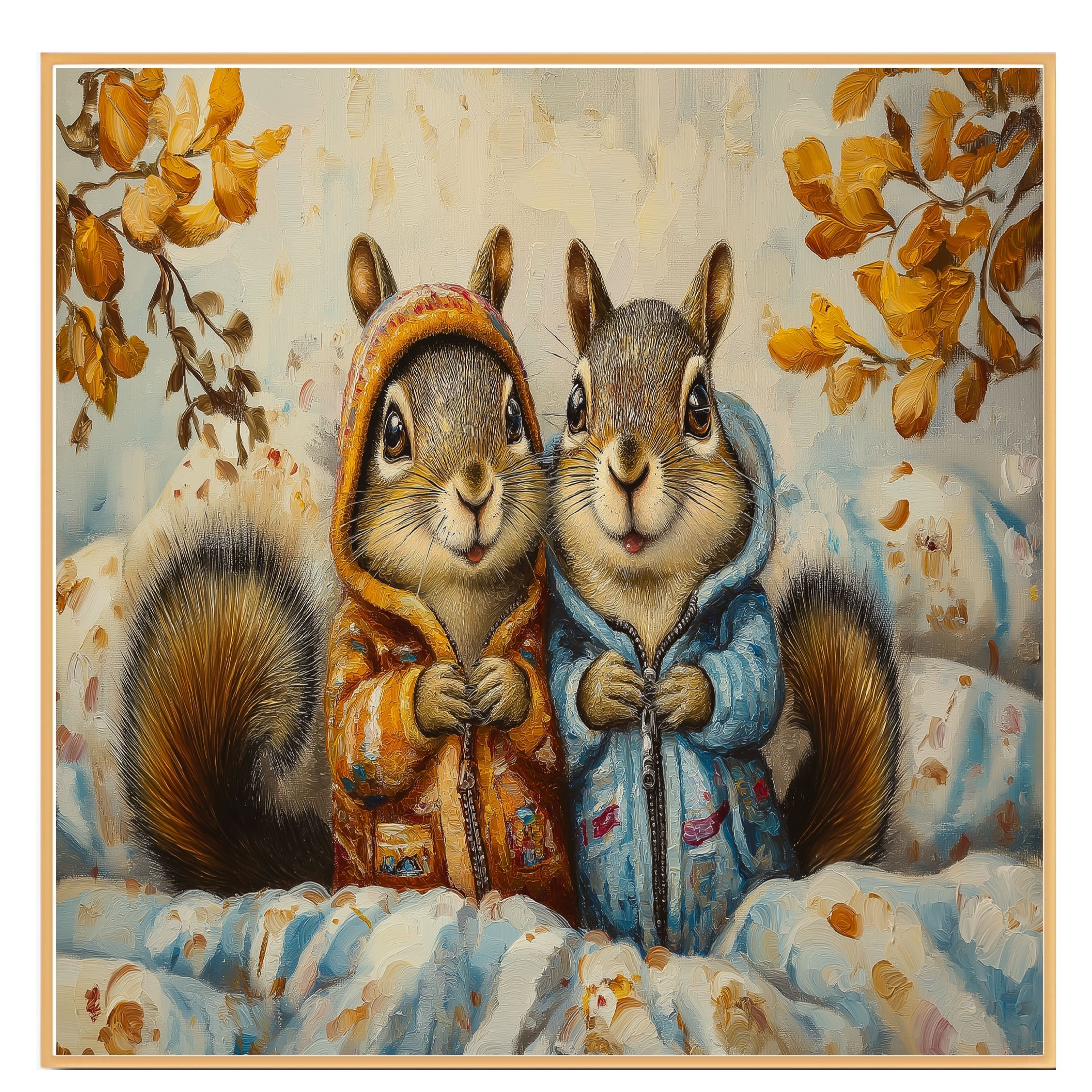 Charming Painting of Two Squirrels in Colorful Hoodies Sitting in a Cozy Autumn Setting Surrounded by Blankets and Golden Leaves with Whimsical Expressions on Ready to Hang 1.5" Thick Canvas Wrap, Floating Framed Canvas, Flat Rolled Canvas