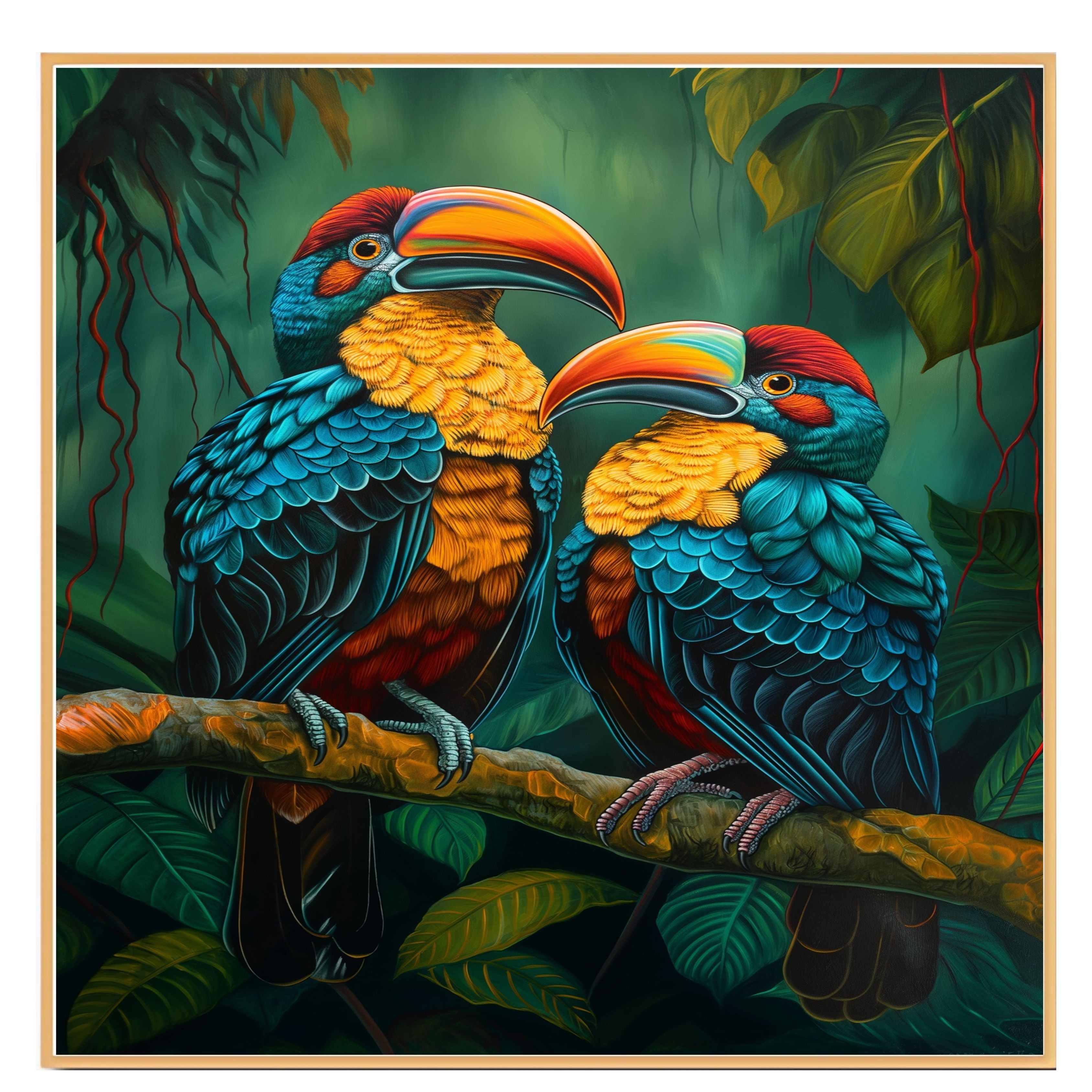 Colorful Toucan Pair Artwork Featuring Bright Beaks and Blue Plumage Perched in Lush Tropical Jungle with Rich Green Foliage and Bold Exotic Bird Details on Ready to Hang 1.5" Thick Canvas Wrap, Floating Framed Canvas, Flat Rolled Canvas