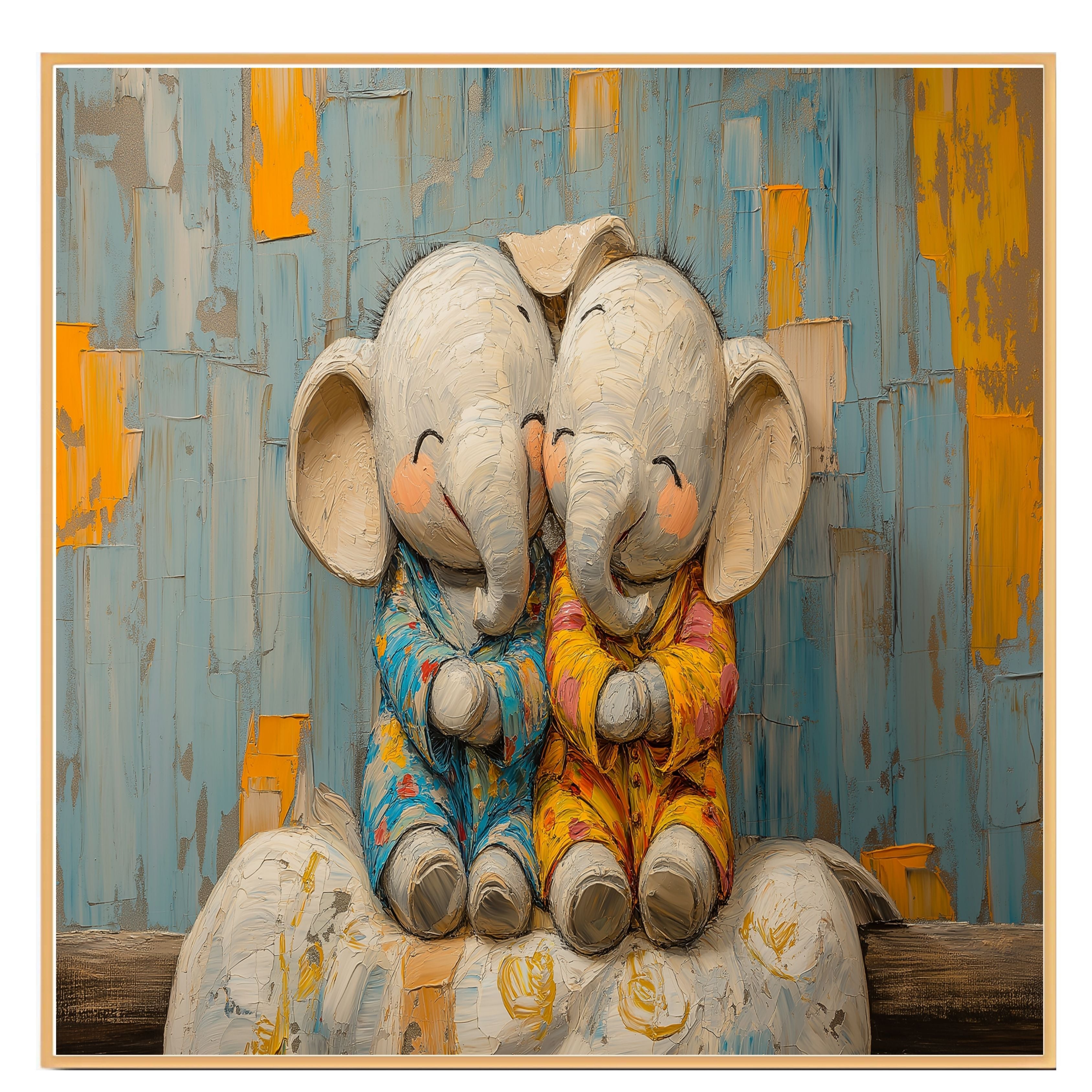 Adorable Painting of Two Baby Elephants Snuggling in Pajamas with Happy Expressions and a Colorful Textured Background in Warm Blue and Orange Tones on Ready to Hang 1.5" Thick Canvas Wrap, Floating Framed Canvas, Flat Rolled Canvas