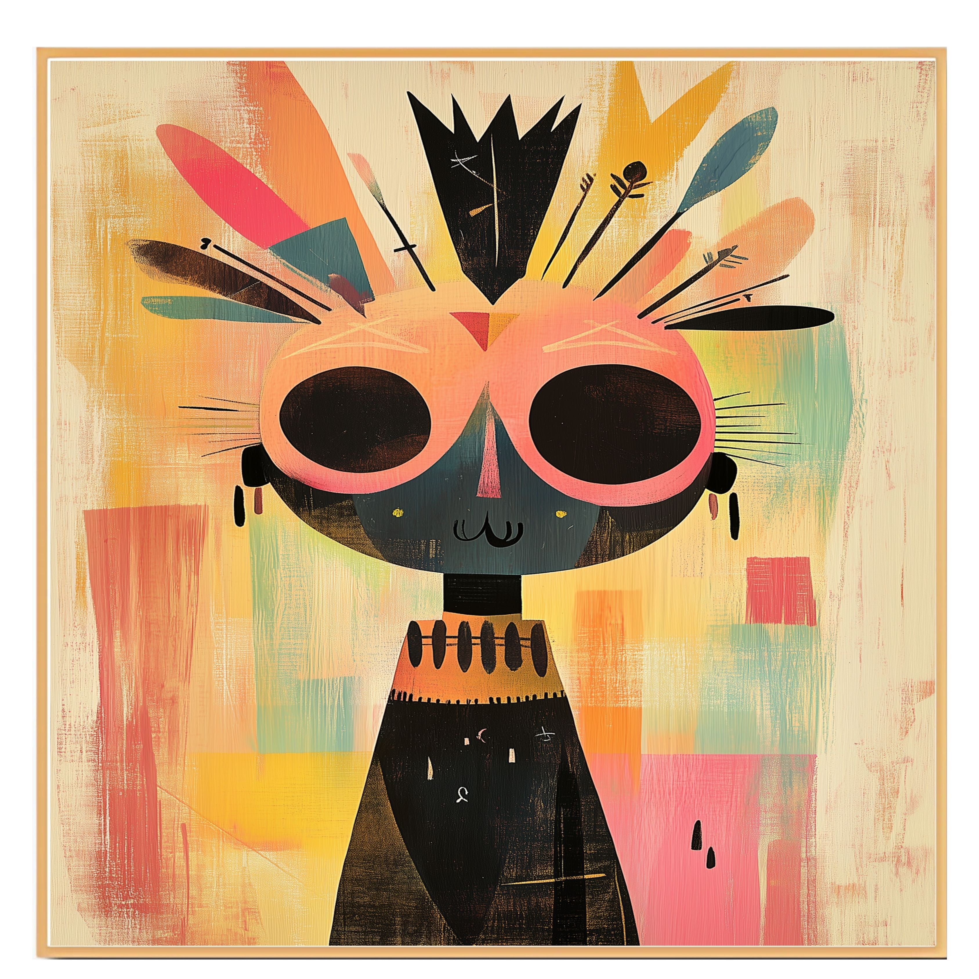 Colorful Abstract Tribal Character Art in Mid-Century Modern Style with Bold Feathers and Whimsical Expression for Living Room or Office Display on Ready to Hang 1.5" Thick Canvas Wrap, Floating Framed Canvas, Flat Rolled Canvas