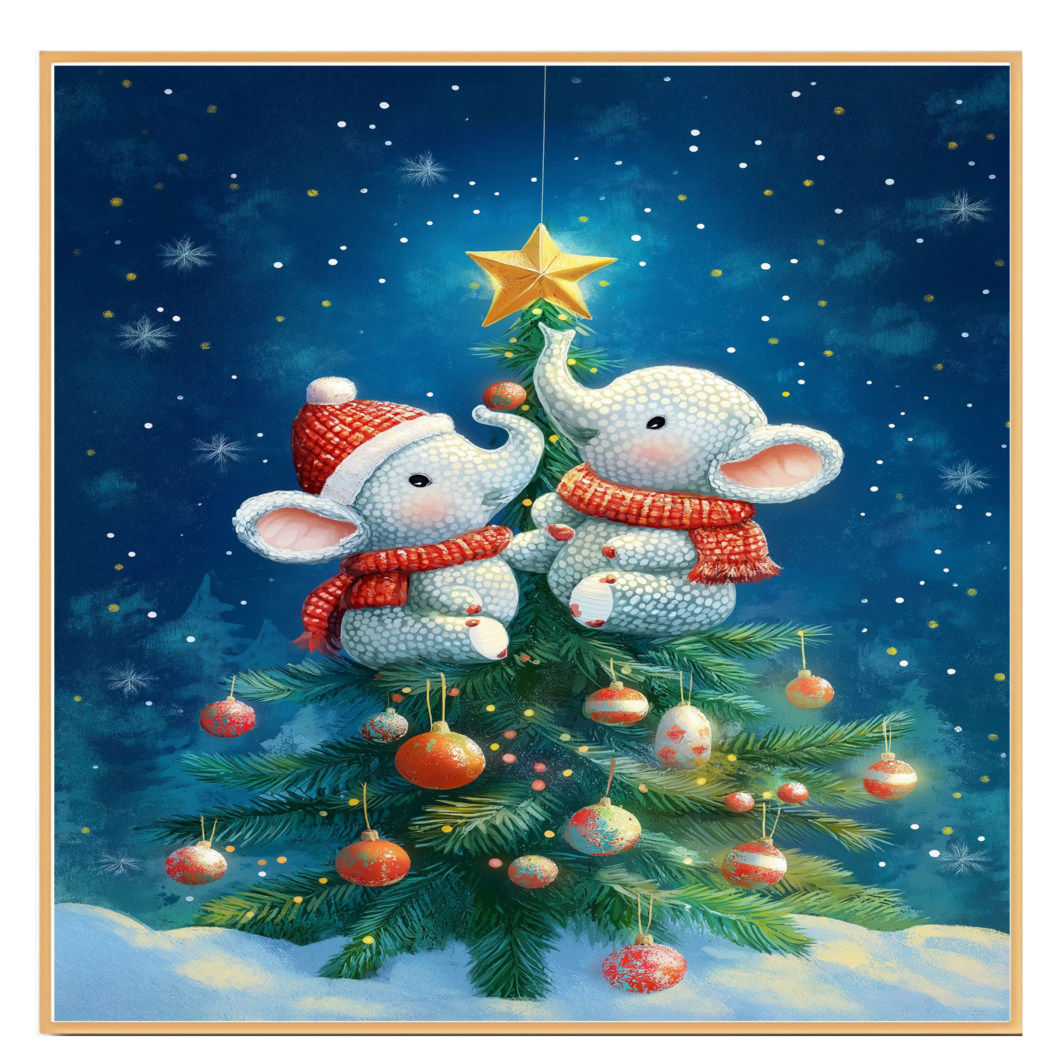 Baby Elephants Decorating Christmas Tree with Star and Ornaments in Winter Wonderland Scene Holiday Art Print for Nursery or Festive Seasonal Decor on Ready to Hang 1.5" Thick Canvas Wrap, Floating Framed Canvas, Flat Rolled Canvas