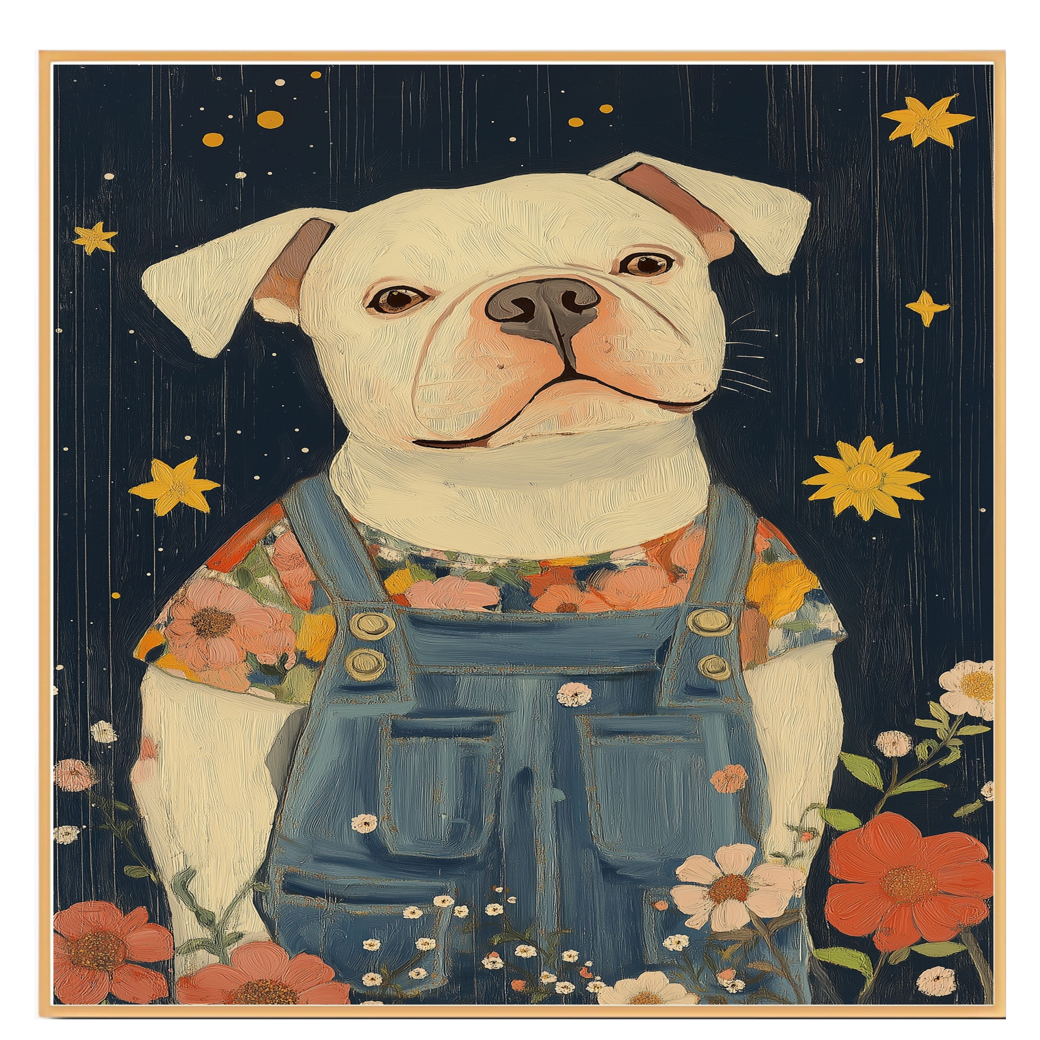 Adorable White Dog in Overalls Floral Shirt Whimsical Animal Art for Nursery Farmhouse Rustic Decor Cute Dog Lover Gift Perfect for Bedroom or Living Room on Ready to Hang 1.5" Thick Canvas Wrap, Floating Framed Canvas, Flat Rolled Canvas