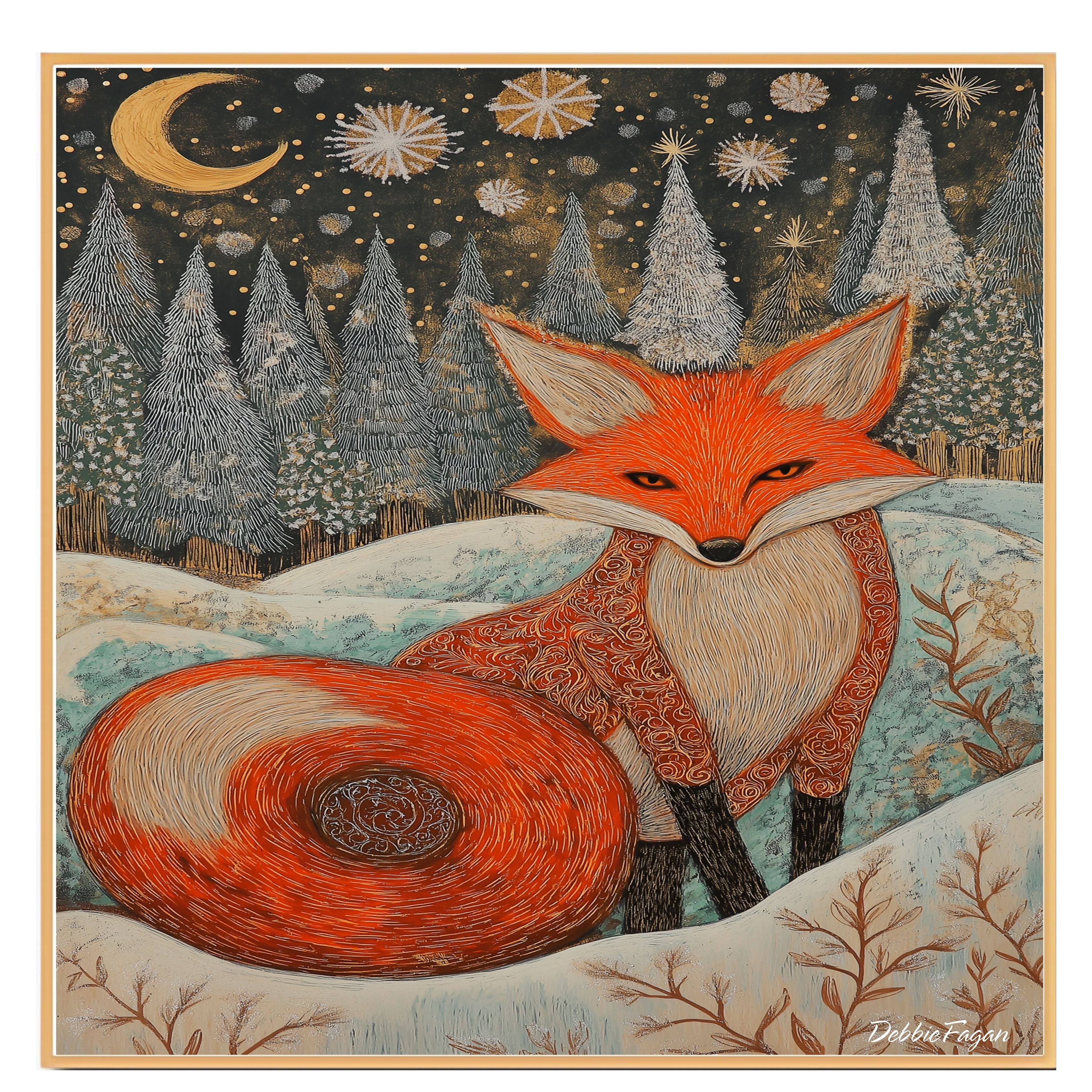 Mystical Winter Fox Canvas – Ornate Red Fox in Snowy Forest Under Moonlight and Sparkling Snowflakes on Ready to Hang 1.5" Thick Canvas Wrap, Floating Framed Canvas, Flat Rolled Canvas