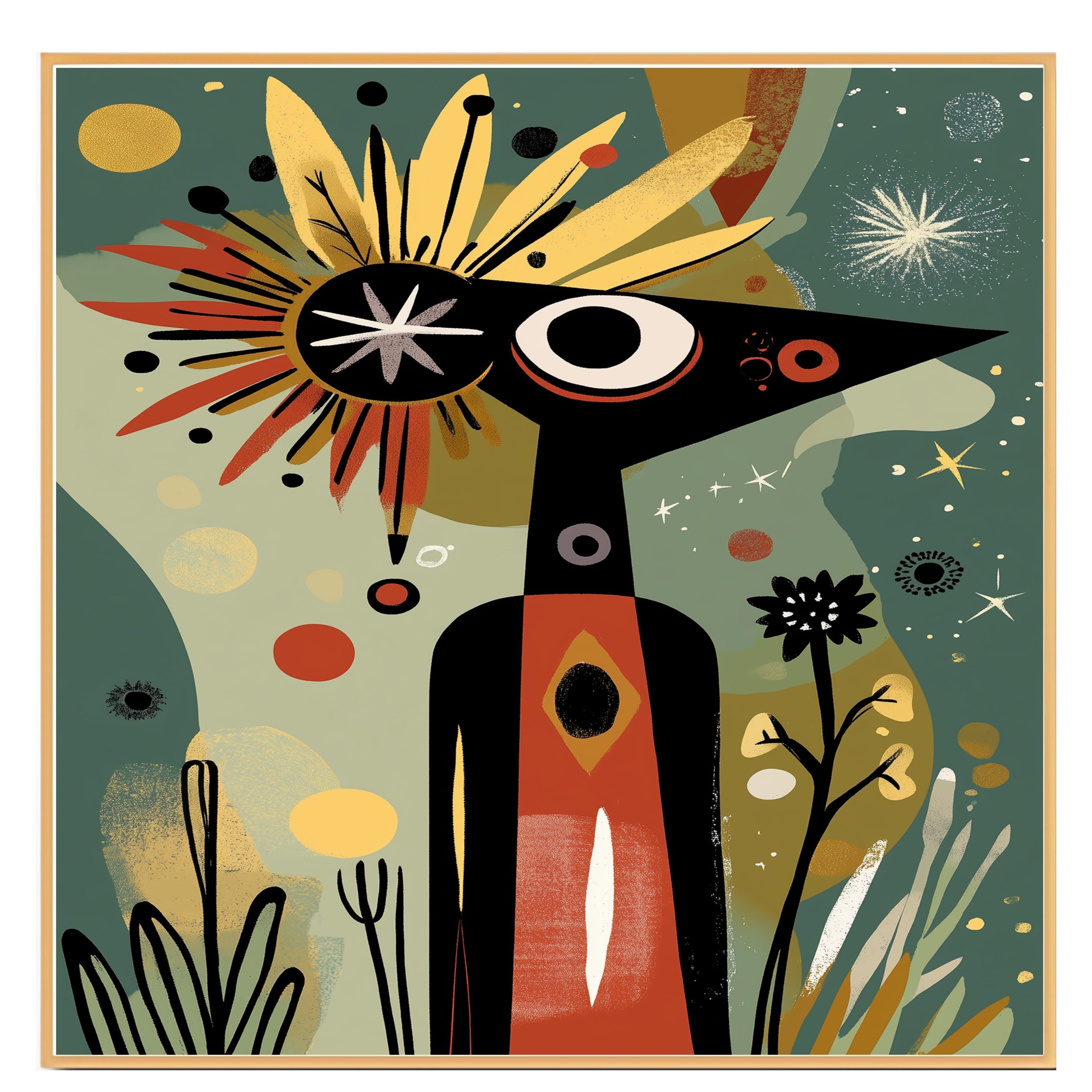 Abstract Tribal-Inspired Figure in Cosmic Botanical Scene with Mid-Century Modern and Folk Art Elements on Ready to Hang 1.5" Thick Canvas Wrap, Floating Framed Canvas, Flat Rolled Canvas