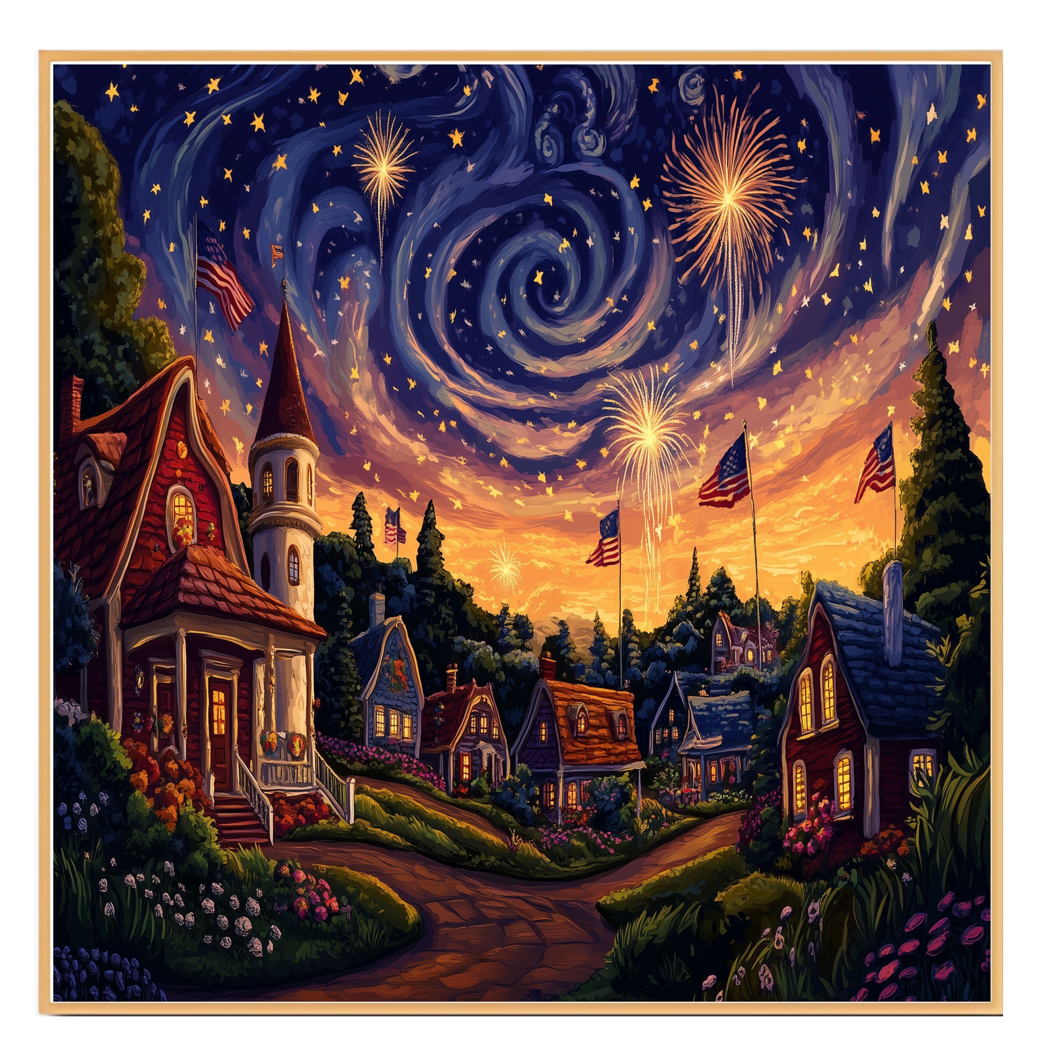 Whimsical 4th of July Village with Fireworks, American Flags, and Glowing Cottages Under a Swirling Starry Sky, Festive Celebration of Patriotism and Magic on Ready to Hang 1.5" Thick Canvas Wrap, Floating Framed Canvas, Flat Rolled Canvas
