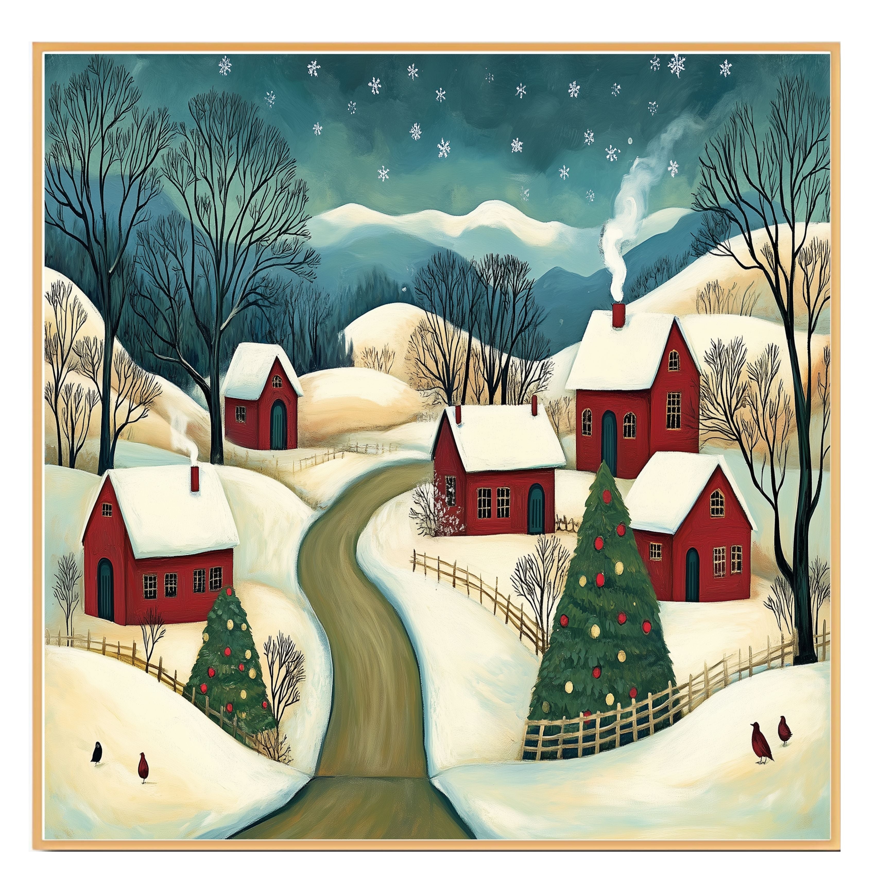 Christmas Folk Art Canvas Wall Art – Snowy Winter Scene with Red Houses, Decorated Tree & Rolling Hills – Rustic Holiday Home Décor Print on Ready to Hang 1.5" Thick Canvas Wrap, Floating Framed Canvas, Flat Rolled Canvas