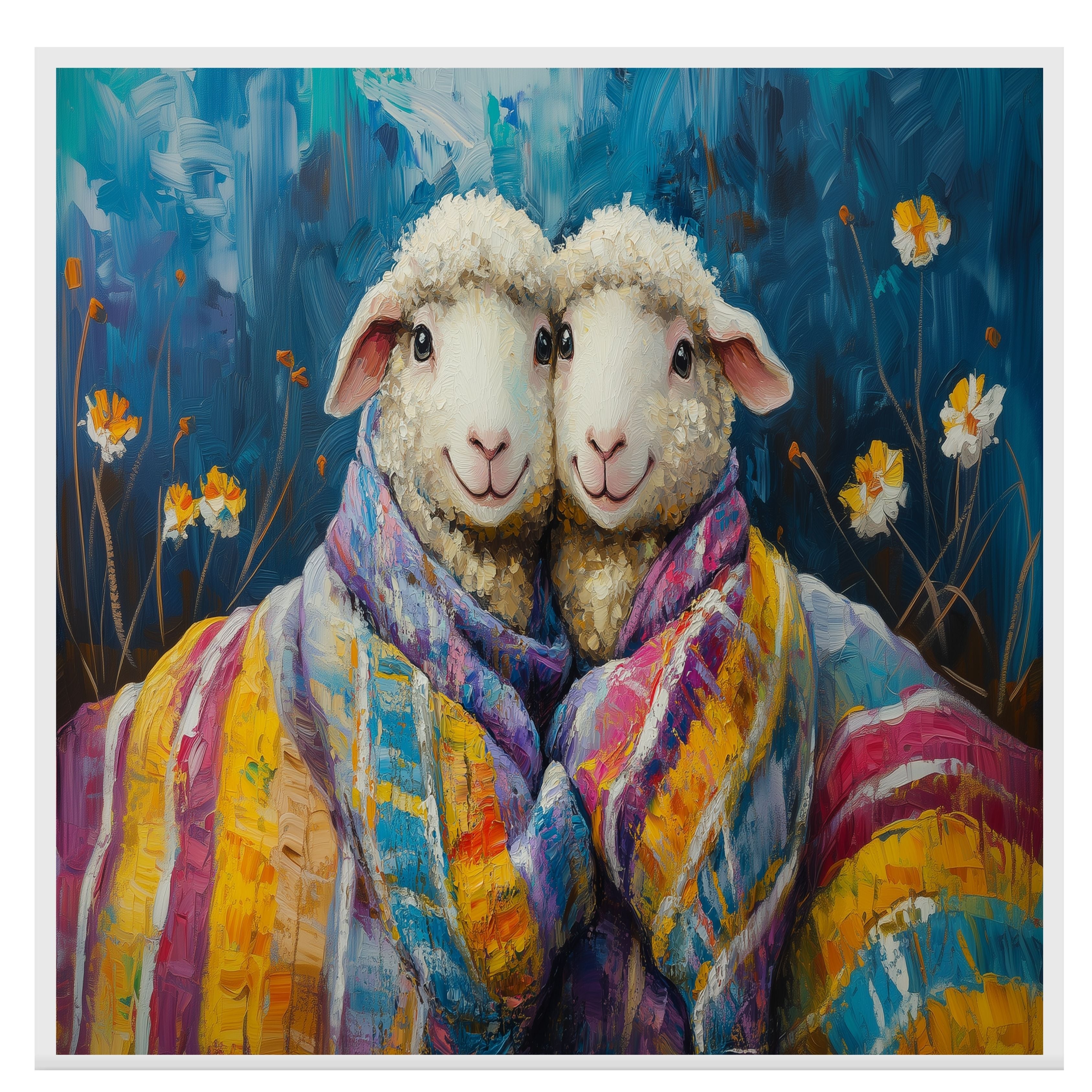 Adorable Painting of Two Sheep Wrapped in Colorful Quilted Blankets with Smiling Faces Surrounded by Flowers and a Deep Blue Whimsical Background on Ready to Hang 1.5" Thick Canvas Wrap, Floating Framed Canvas, Flat Rolled Canvas