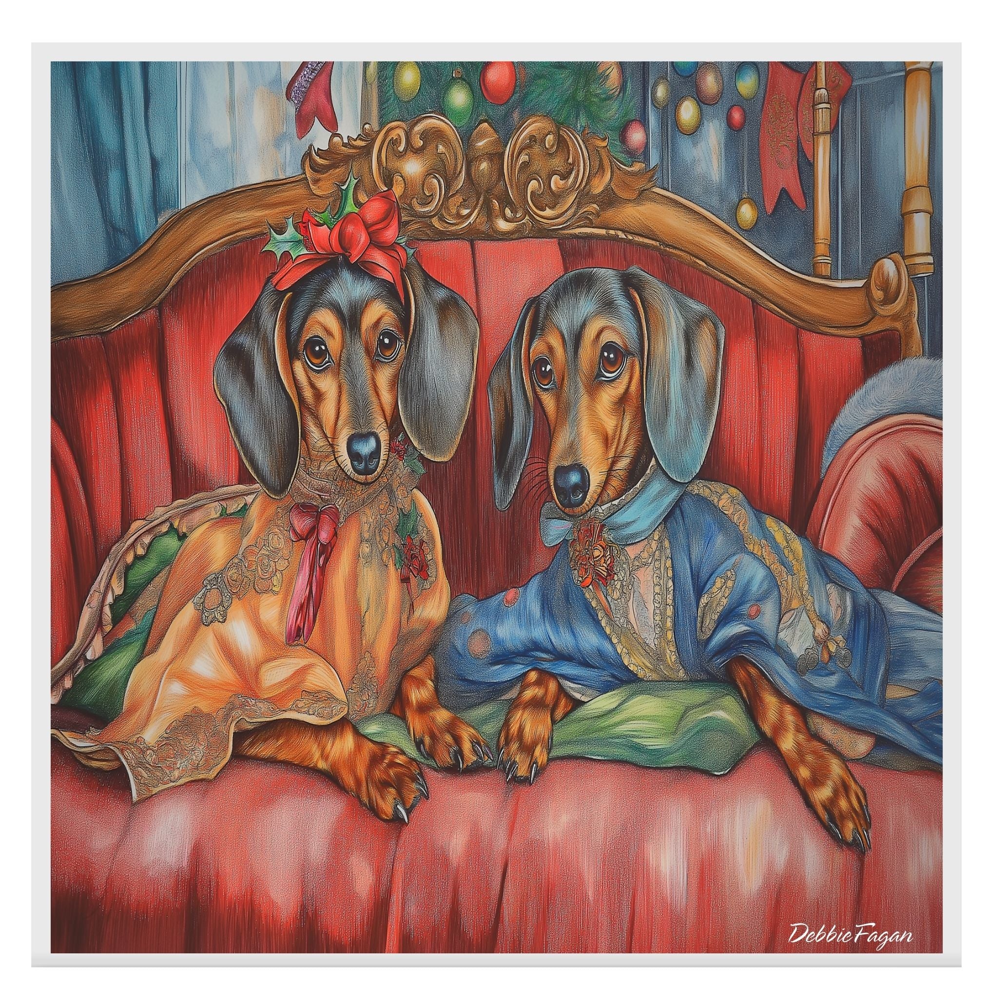 Dachshund Christmas Canvas - "Chic Doxies in Cozy Serenity" - Elegant Dogs Relaxing on a Couch on Ready to Hang 1.5" Thick Canvas Wrap, Floating Framed Canvas, Flat Rolled Canvas