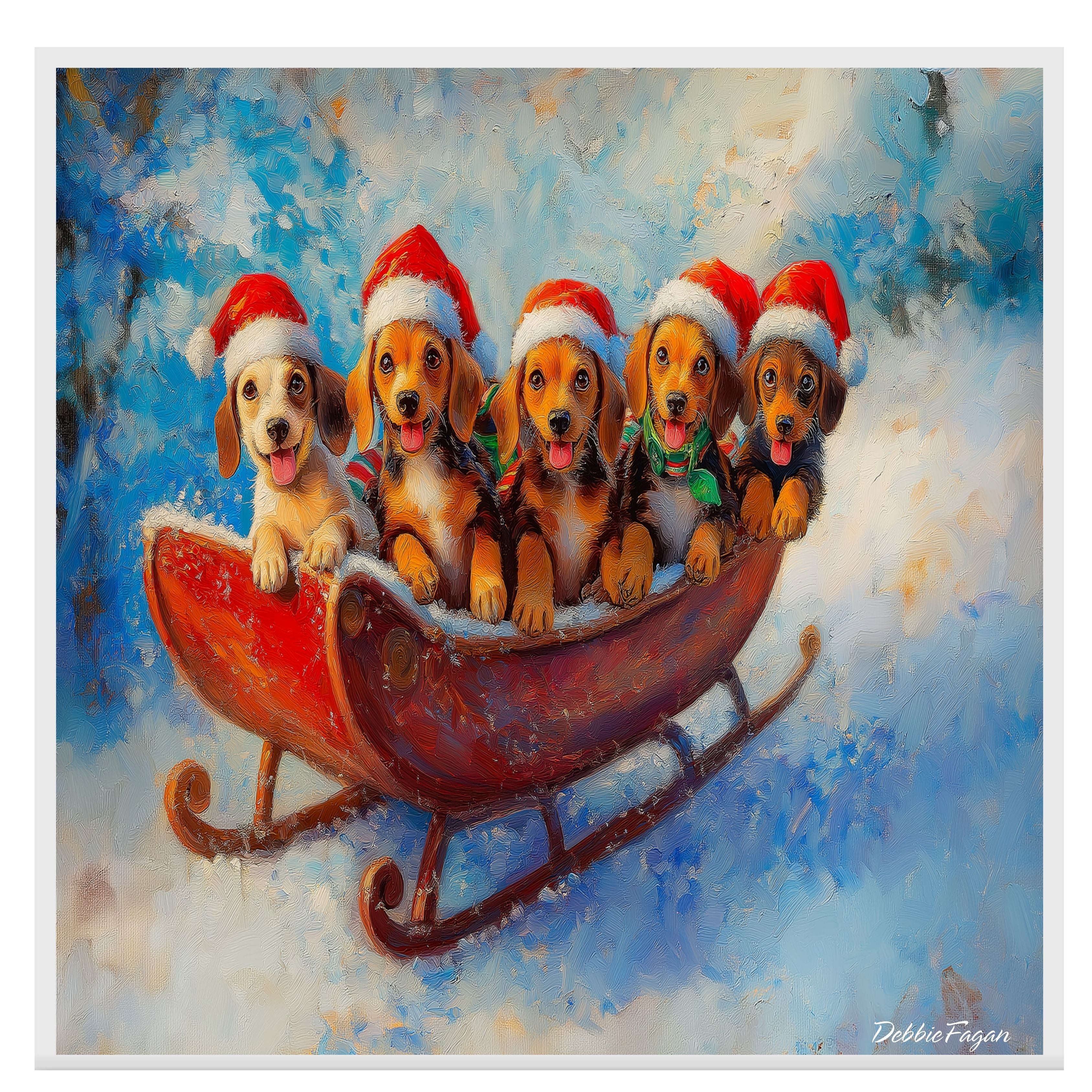 Dog Christmas Canvas  - "Puppy Joyride" - Adorable Puppies in Santa Hats on a Sleigh in Winter Wonderland on Ready to Hang 1.5" Thick Canvas Wrap, Floating Framed Canvas, Flat Rolled Canvas