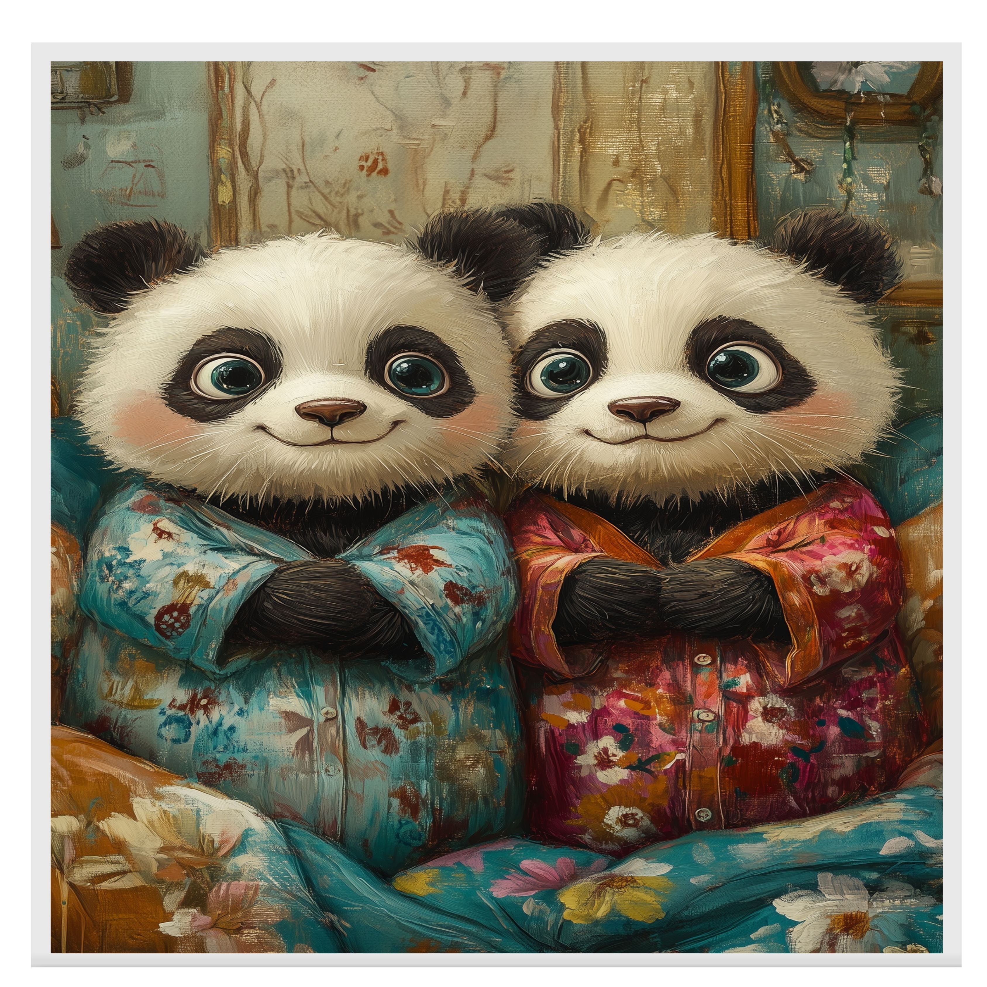 Adorable Painting of Two Happy Panda Bears in Floral Pajamas Sitting Together with Big Eyes and Gentle Smiles in a Soft Whimsical Style on Ready to Hang 1.5" Thick Canvas Wrap, Floating Framed Canvas, Flat Rolled Canvas