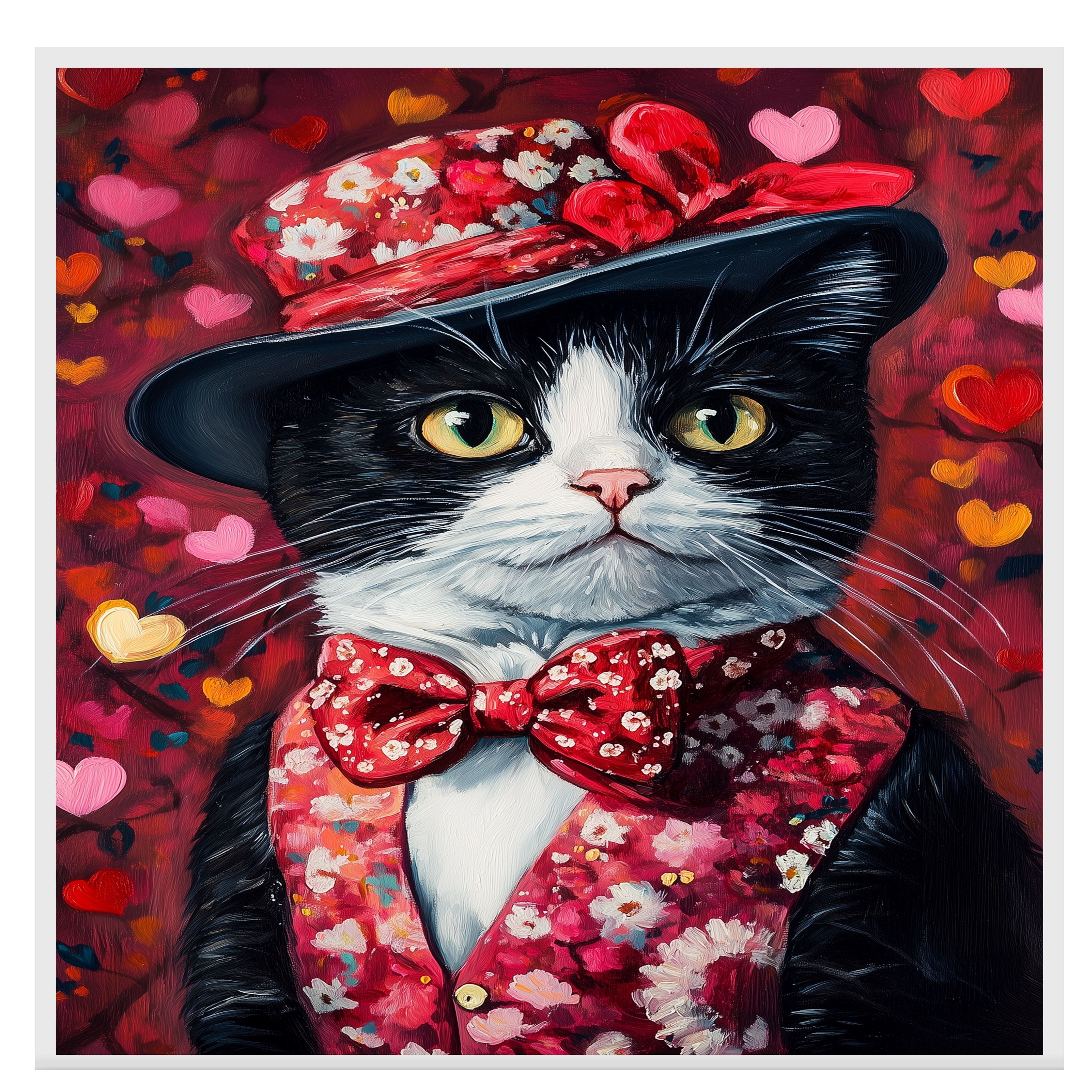Love & Grace: Tuxedo Cat in a Heart-Adorned Floral Hat and Suit - Sophisticated Valentine's Painting on Ready to Hang 1.5" Thick Canvas Wrap, Floating Framed Canvas, Flat Rolled Canvas