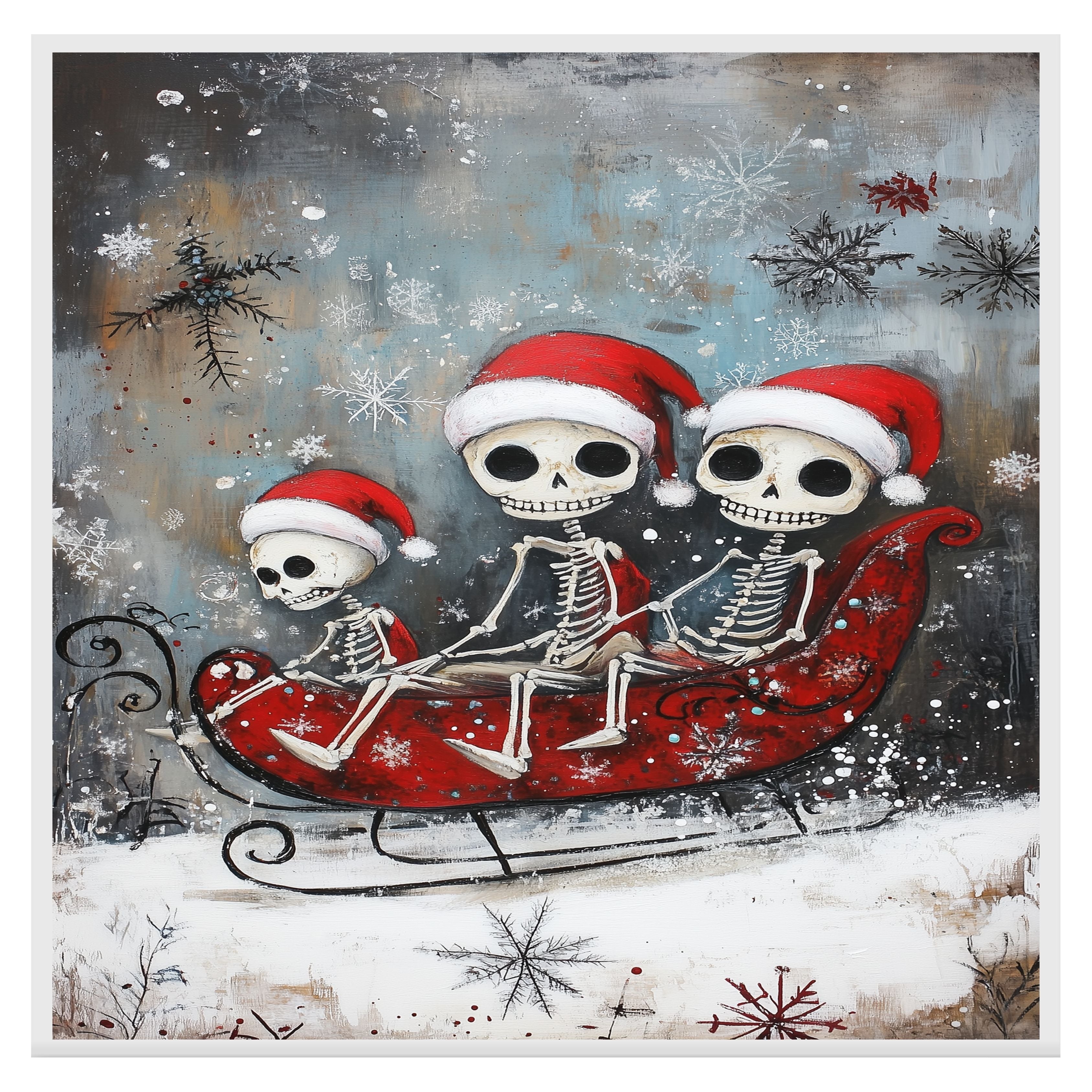 Whimsical Skeleton Family Sleigh Ride Christmas Print – Spooky Cute Holiday Decor with Santa Hats, Red Sleigh & Snowflakes, Gothic Winter Wall Art on Ready to Hang 1.5" Thick Canvas Wrap, Floating Framed Canvas, Flat Rolled Canvas