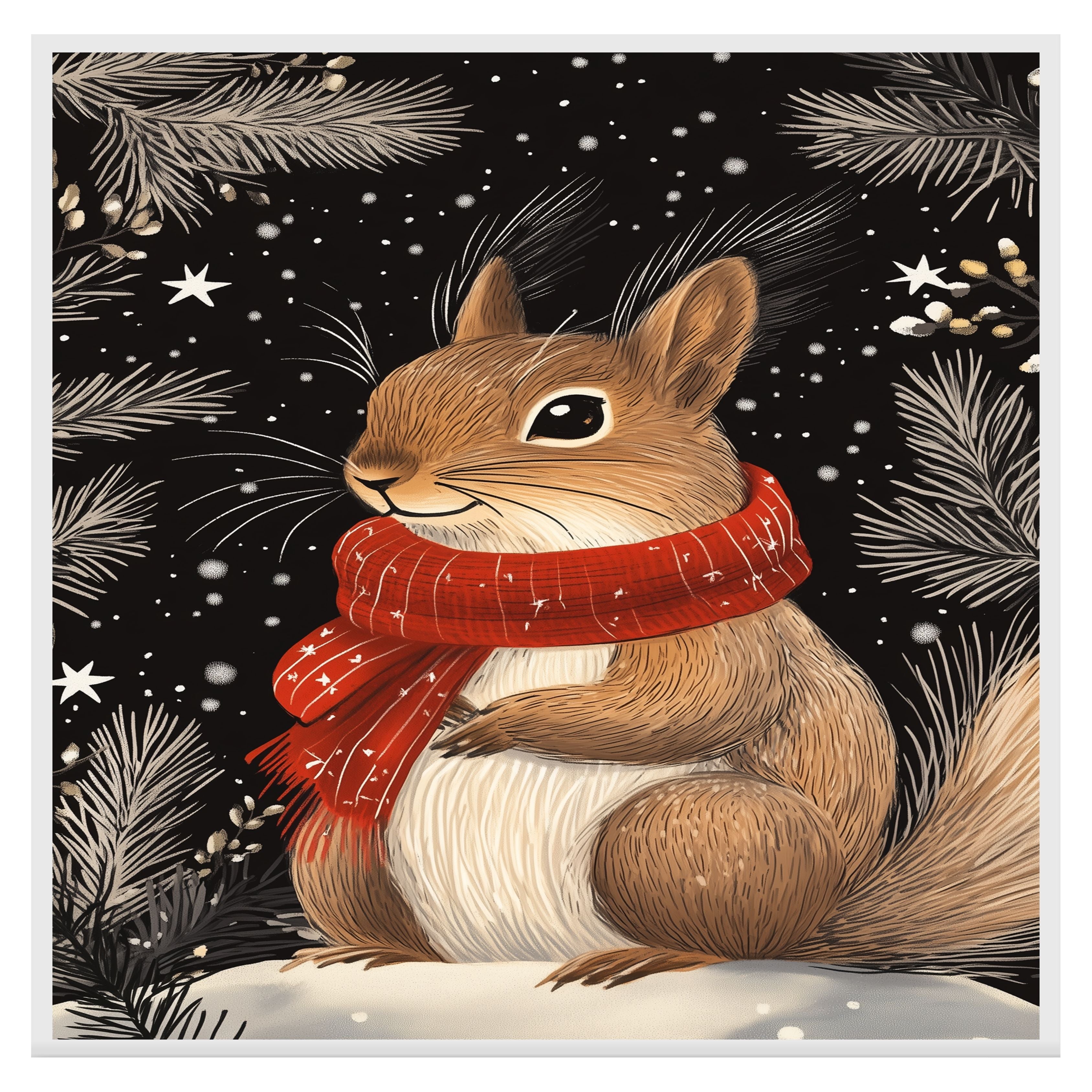 "Snowy Whimsy Squirrel" - Squirrel in Red Scarf Holding an Acorn in Winter Snow on Ready to Hang 1.5" Thick Canvas Wrap, Floating Framed Canvas, Flat Rolled Canvas