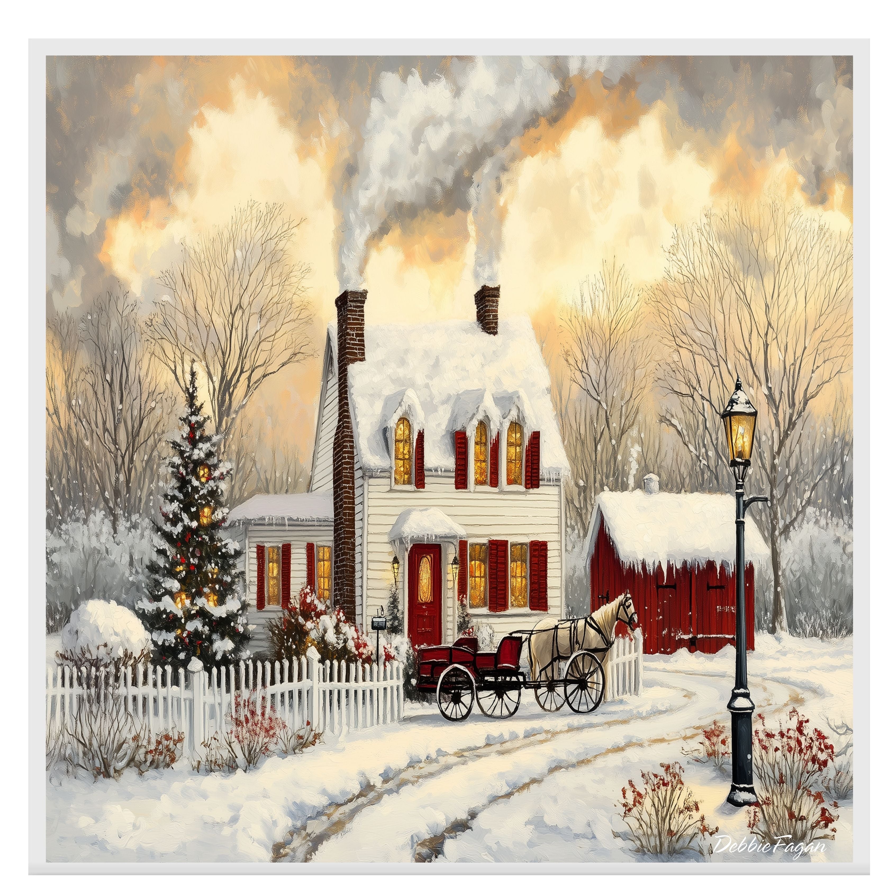 Winter Farmhouse – Cozy Snow-Covered Country Home with Red Barn, Trees and Horse Wall Art Print on Ready to Hang 1.5" Thick Canvas Wrap, Floating Framed Canvas, Flat Rolled Canvas
