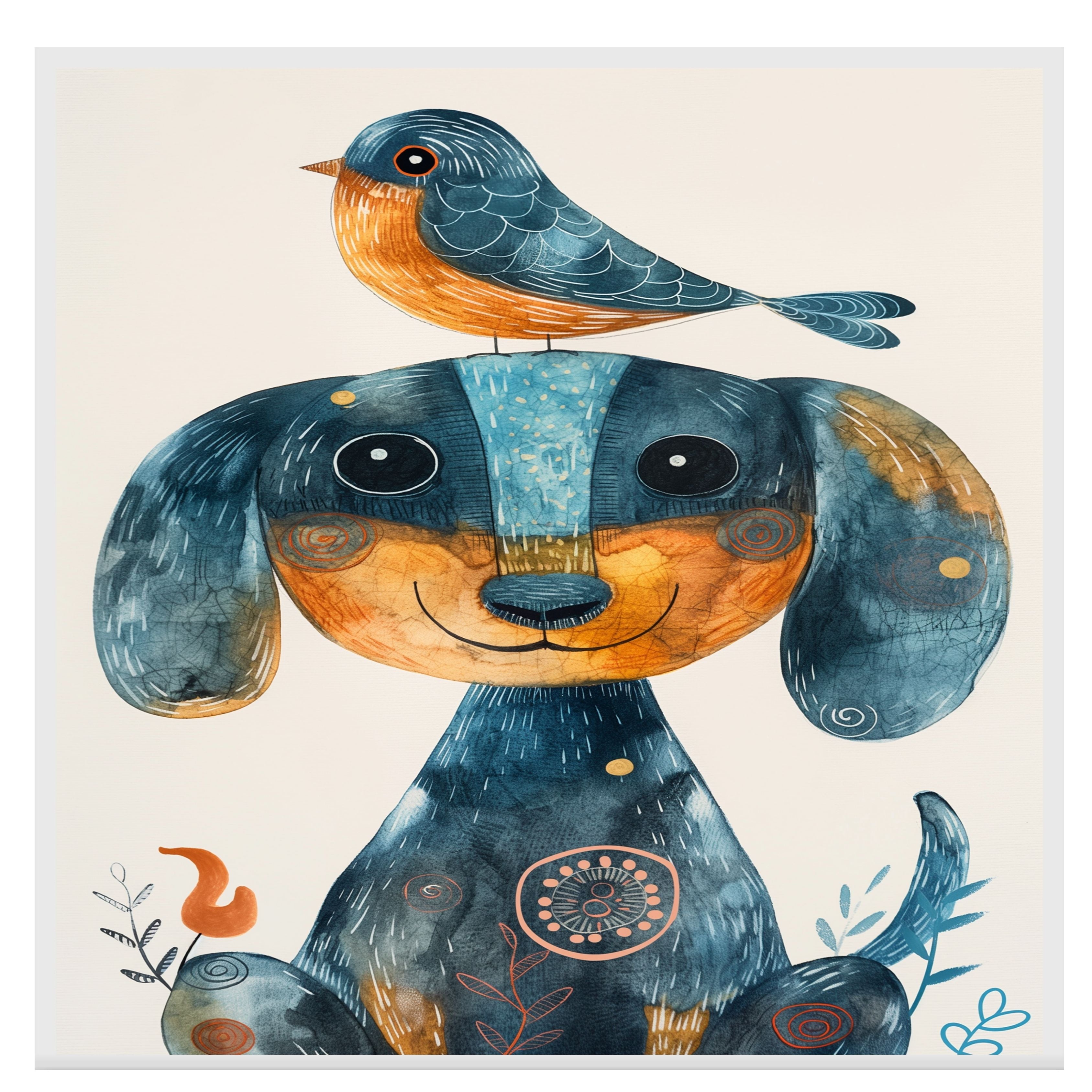 Whimsical Dachshund Dog with Blue Bird on Head Colorful Folk Style Animal Illustration for Kids Room or Nursery Perfect for Dog and Bird Art Lovers