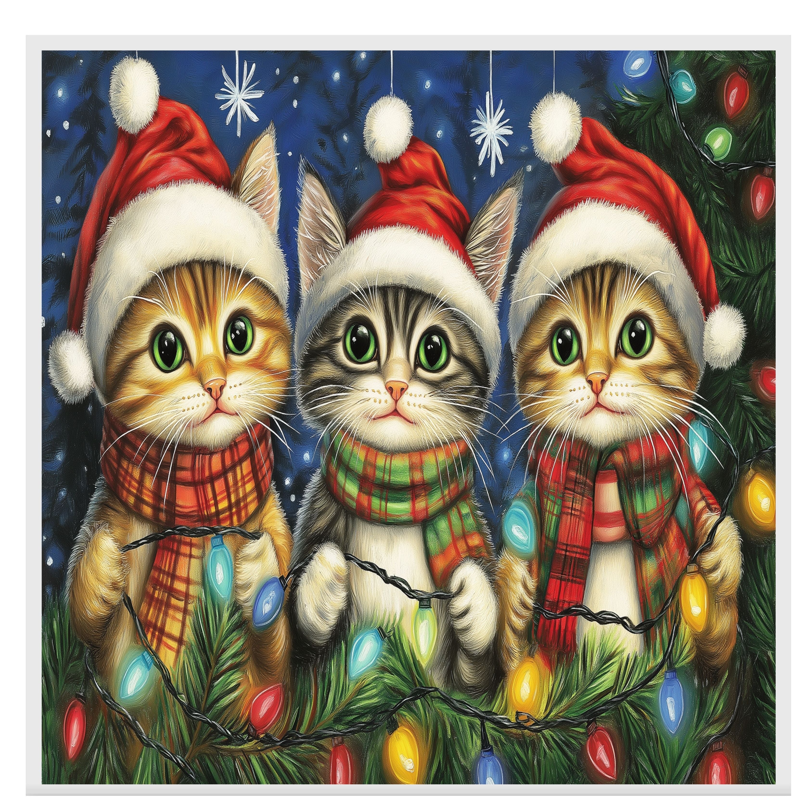 Christmas Kitten Art Print with Three Cute Cats in Santa Hats and Scarves Hand Drawn Holiday Cat Illustration for Festive Gift or Cozy Winter Home Decor on Ready to Hang 1.5" Thick Canvas Wrap, Floating Framed Canvas, Flat Rolled Canvas