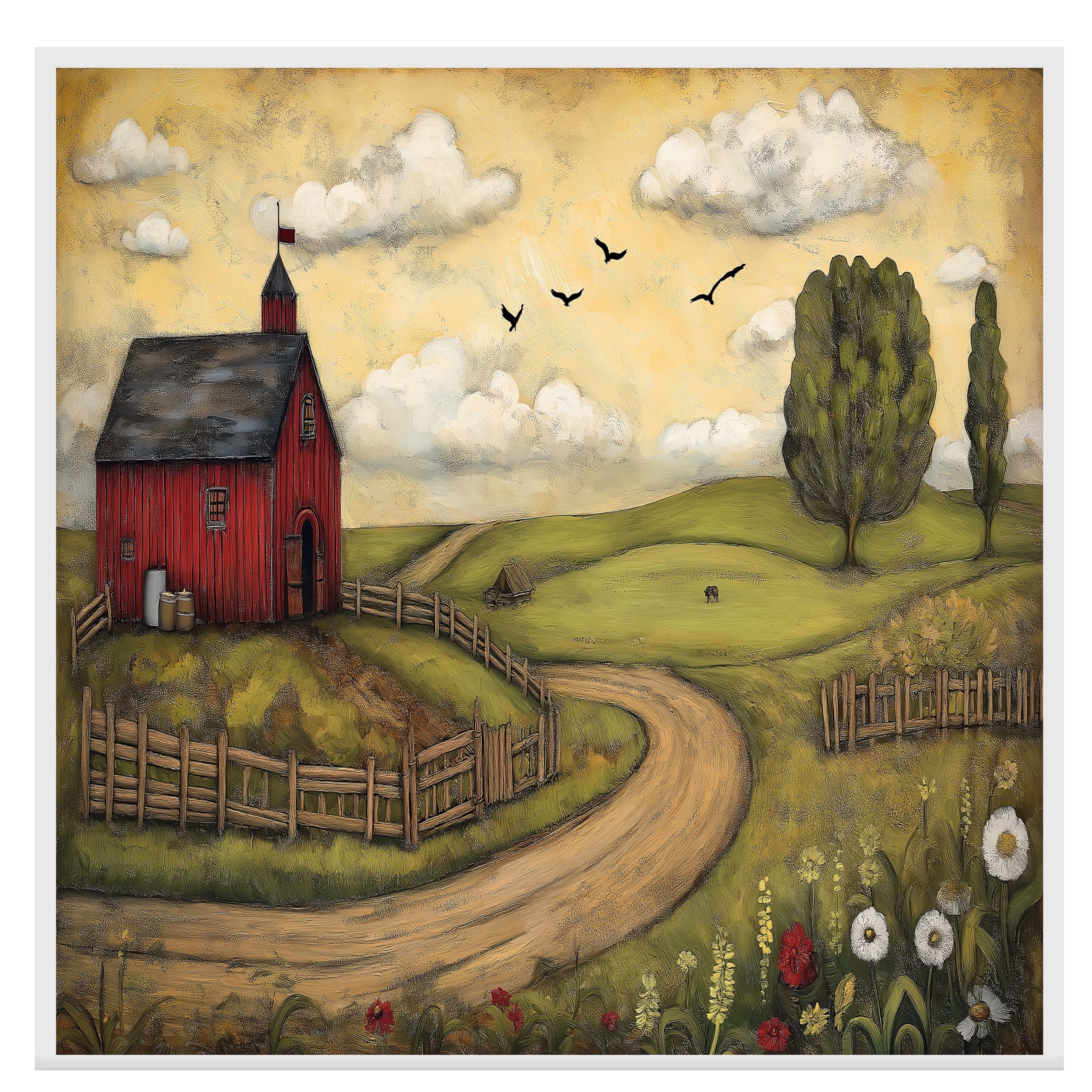 Country Farm Folk Art Print Featuring Red Barn and Rolling Hills Hand Drawn Rustic Landscape Illustration for Cozy Home Wall Decor or Unique Gift Idea on Ready to Hang 1.5" Thick Canvas Wrap, Floating Framed Canvas, Flat Rolled Canvas