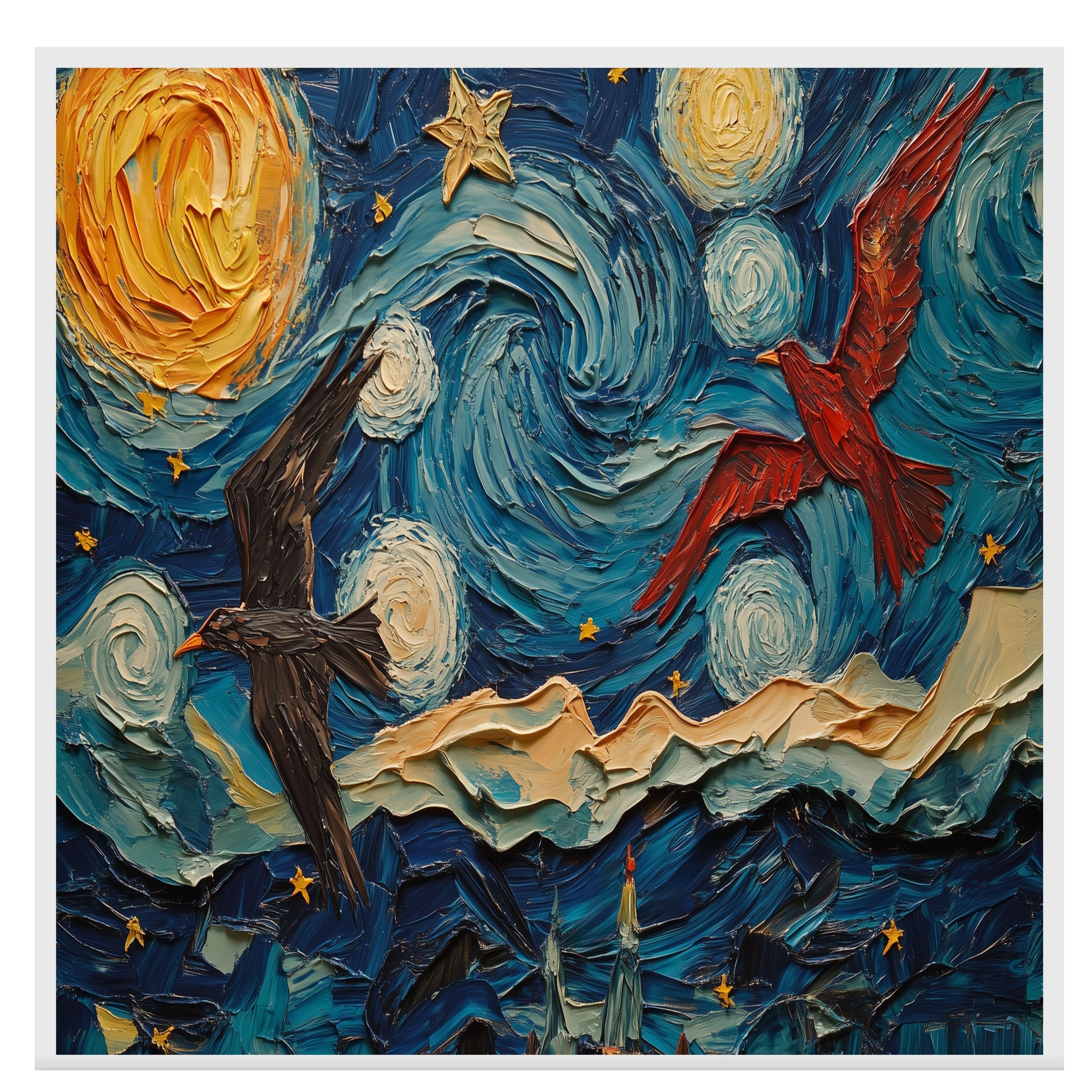 Starry Night Folk Art with Birds – Colorful Impressionist Sky Wall Art Print – Van Gogh Inspired Patriotic Red and Black Birds Soaring in Whimsical Night Sky on Ready to Hang 1.5" Thick Canvas Wrap, Floating Framed Canvas, Flat Rolled Canvas