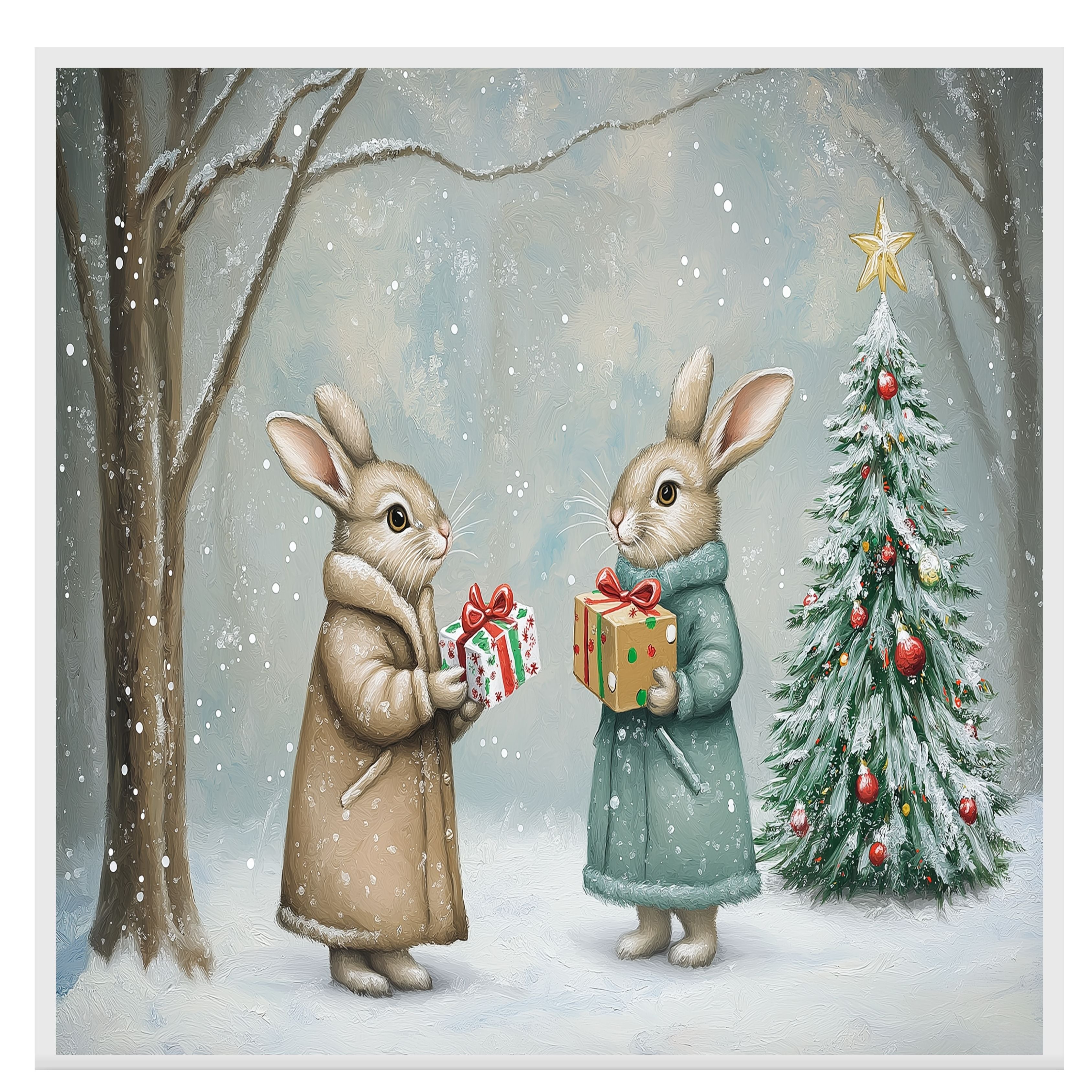 "Winter Wonderland: Gift-Giving Bunnies" Ð Cozy Rabbits in a Snowy Forest Scene on Ready to Hang 1.5" Thick Canvas Wrap, Floating Framed Canvas, Flat Rolled Canvas