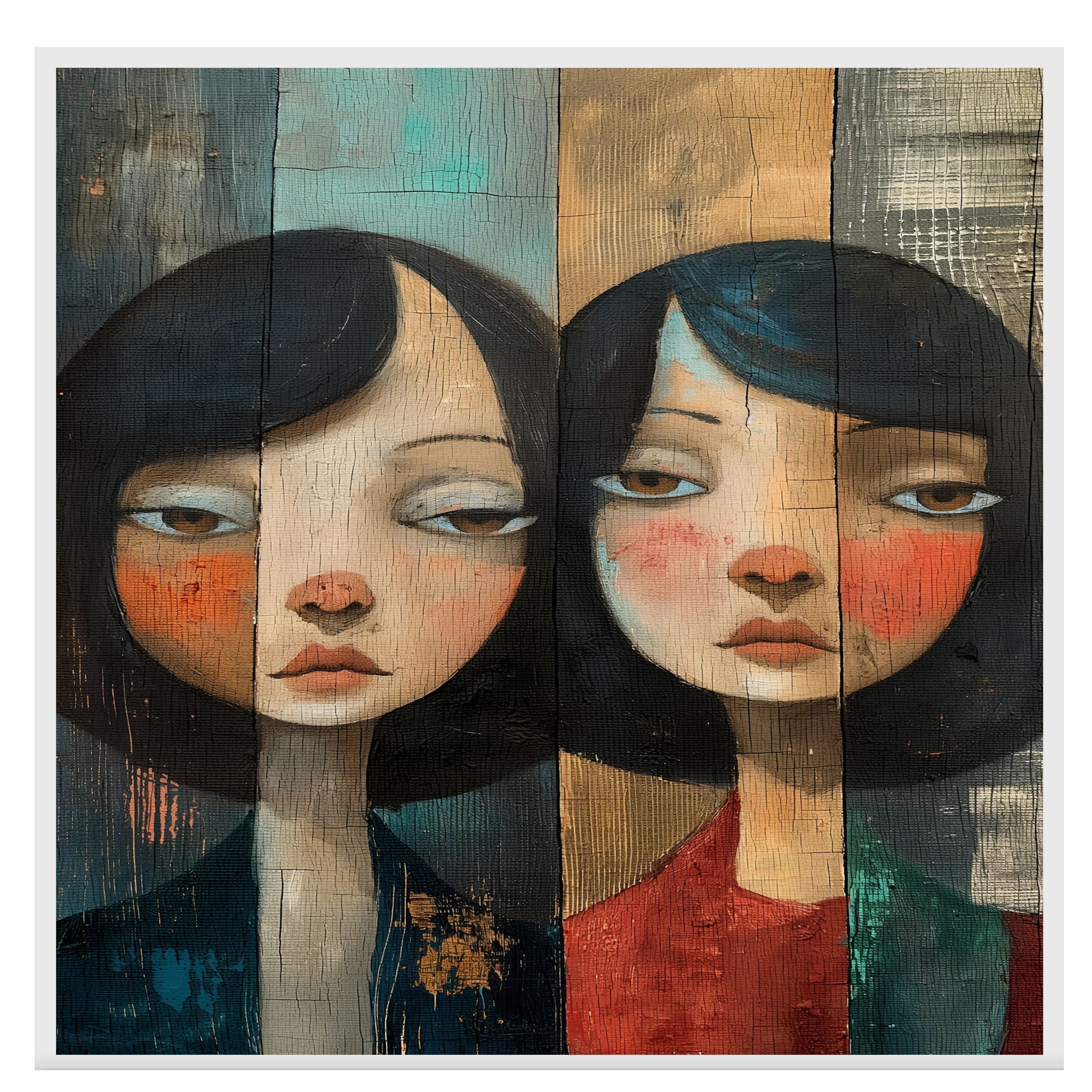 Moody Portrait of Two Girls Expressive Hand Painted Art Rustic Wood Texture Emotional and Thoughtful Wall Decor Perfect for Home Living Room or Office on Ready to Hang 1.5" Thick Canvas Wrap, Floating Framed Canvas, Flat Rolled Canvas