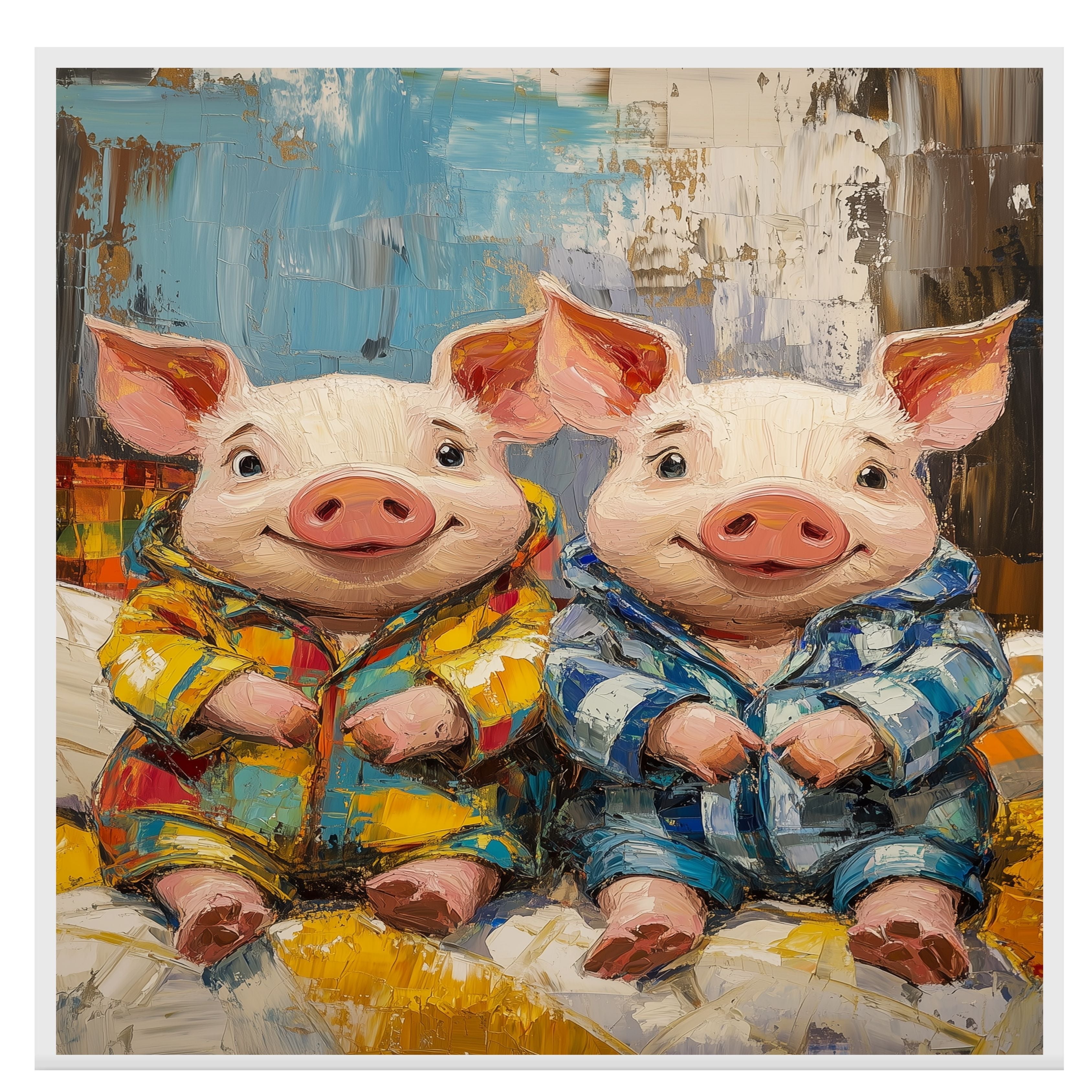 Playful Painting of Two Cute Piglets in Colorful Pajamas Sitting Side by Side with Happy Expressions in a Bold Textured Style on Ready to Hang 1.5" Thick Canvas Wrap, Floating Framed Canvas, Flat Rolled Canvas