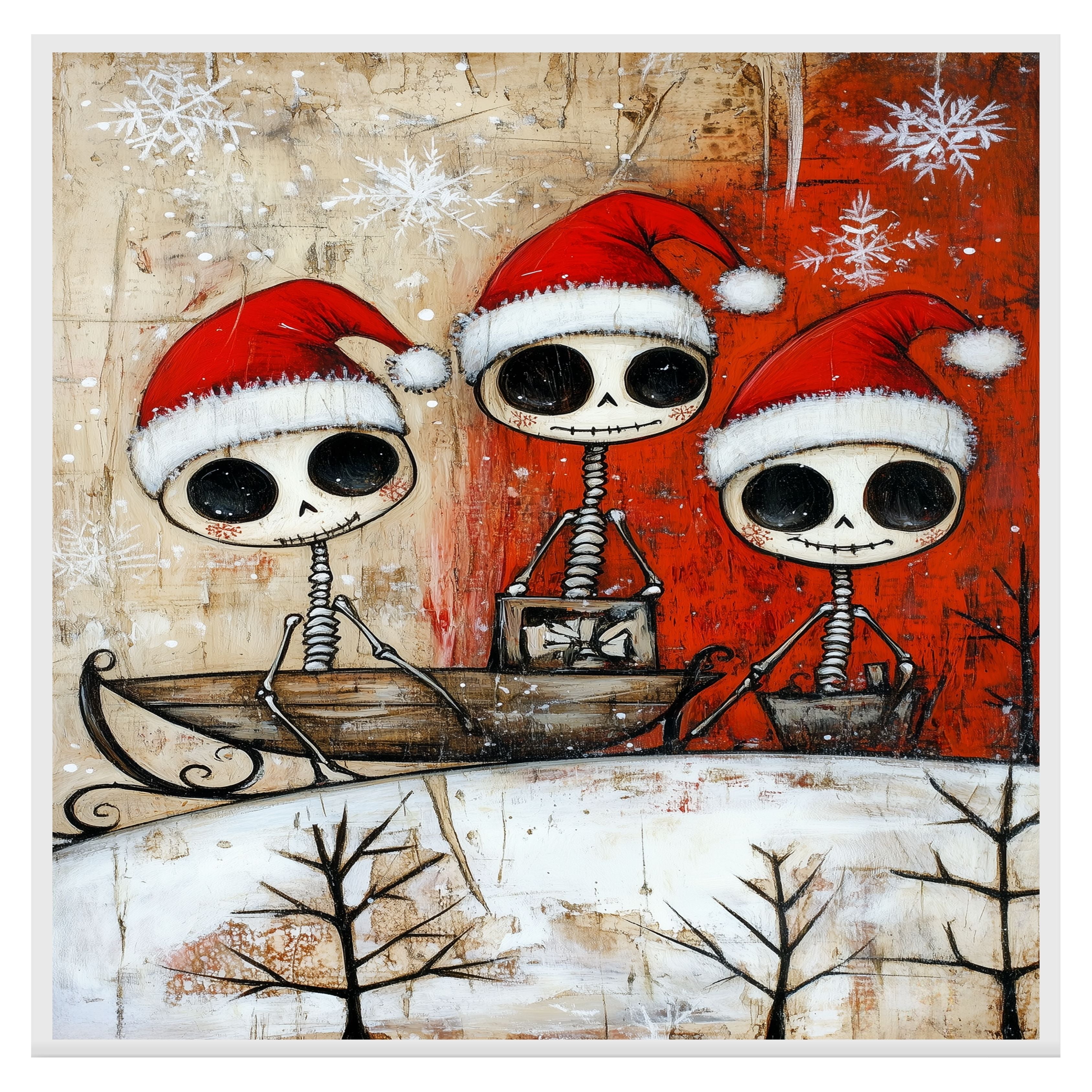 Cute Skeleton Trio Sleigh Ride Christmas Art Print – Whimsical Gothic Holiday Decor with Santa Hats & Gifts, Alternative Winter Wall Art for Spooky Season Lovers on Ready to Hang 1.5" Thick Canvas Wrap, Floating Framed Canvas, Flat Rolled Canvas