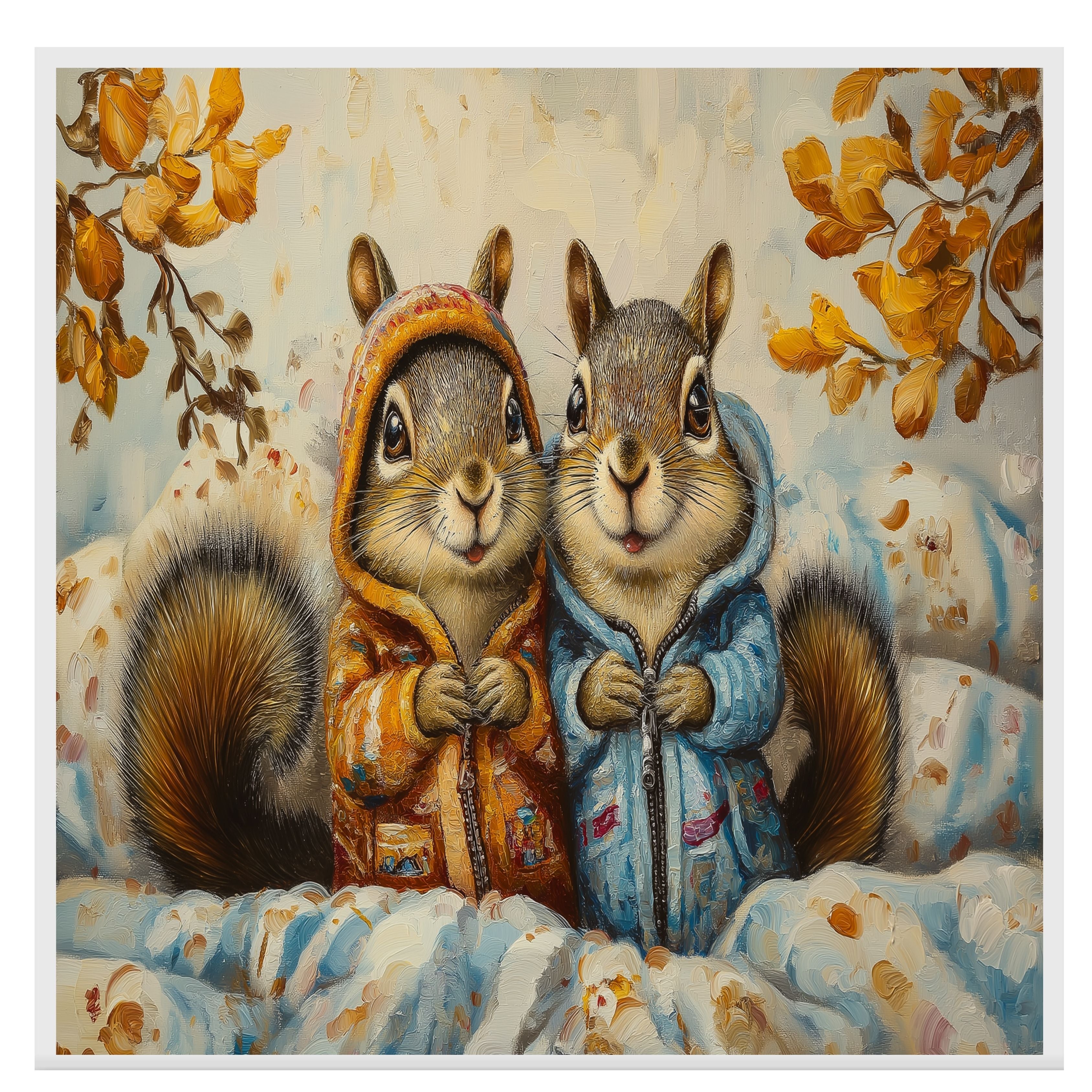 Charming Painting of Two Squirrels in Colorful Hoodies Sitting in a Cozy Autumn Setting Surrounded by Blankets and Golden Leaves with Whimsical Expressions on Ready to Hang 1.5" Thick Canvas Wrap, Floating Framed Canvas, Flat Rolled Canvas