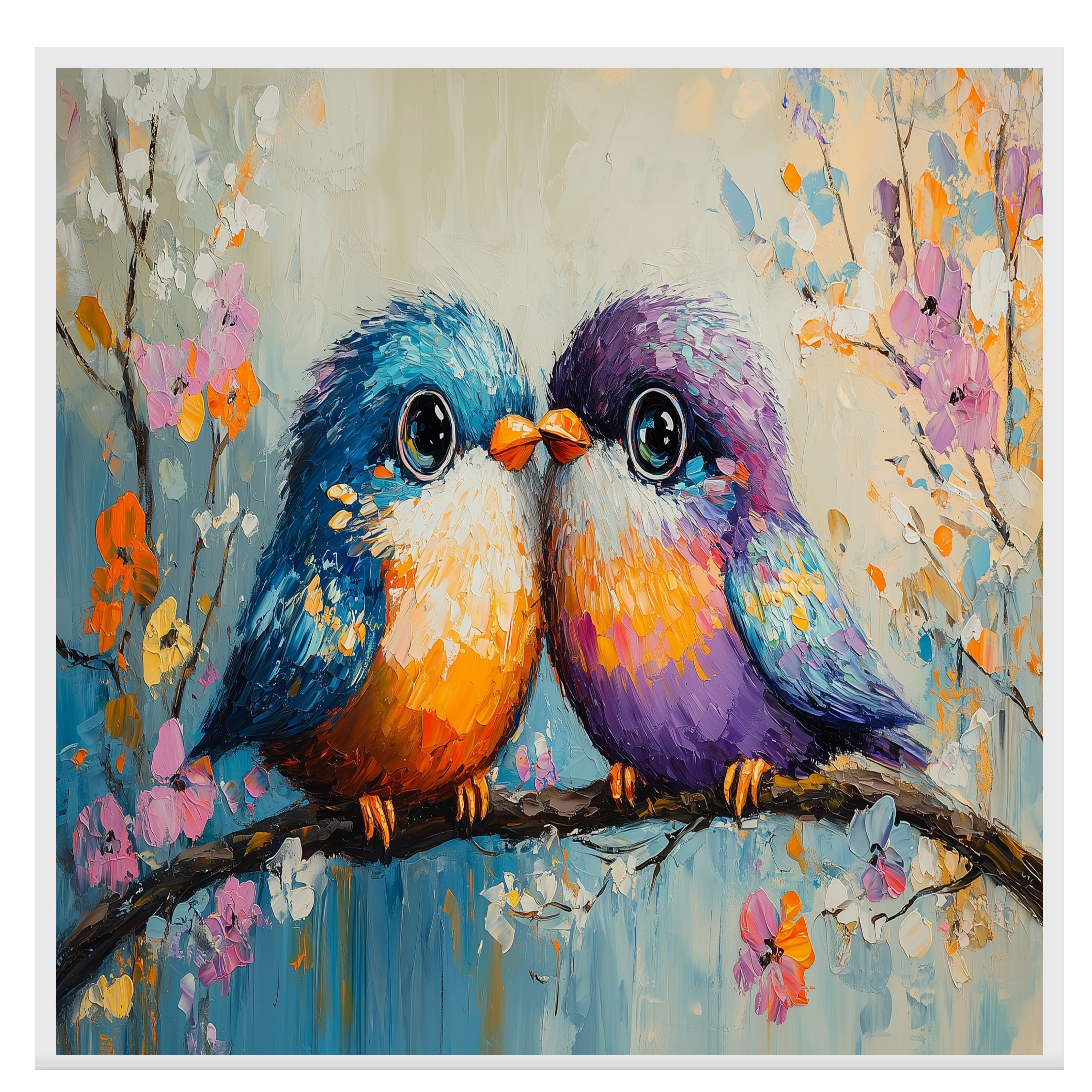 Painting of Two Plump Birds Touching Beaks While Sitting on a Blooming Branch Surrounded by Bright Spring Flowers with Vivid Feathers and Big Shiny Eyes on Ready to Hang 1.5" Thick Canvas Wrap, Floating Framed Canvas, Flat Rolled Canvas