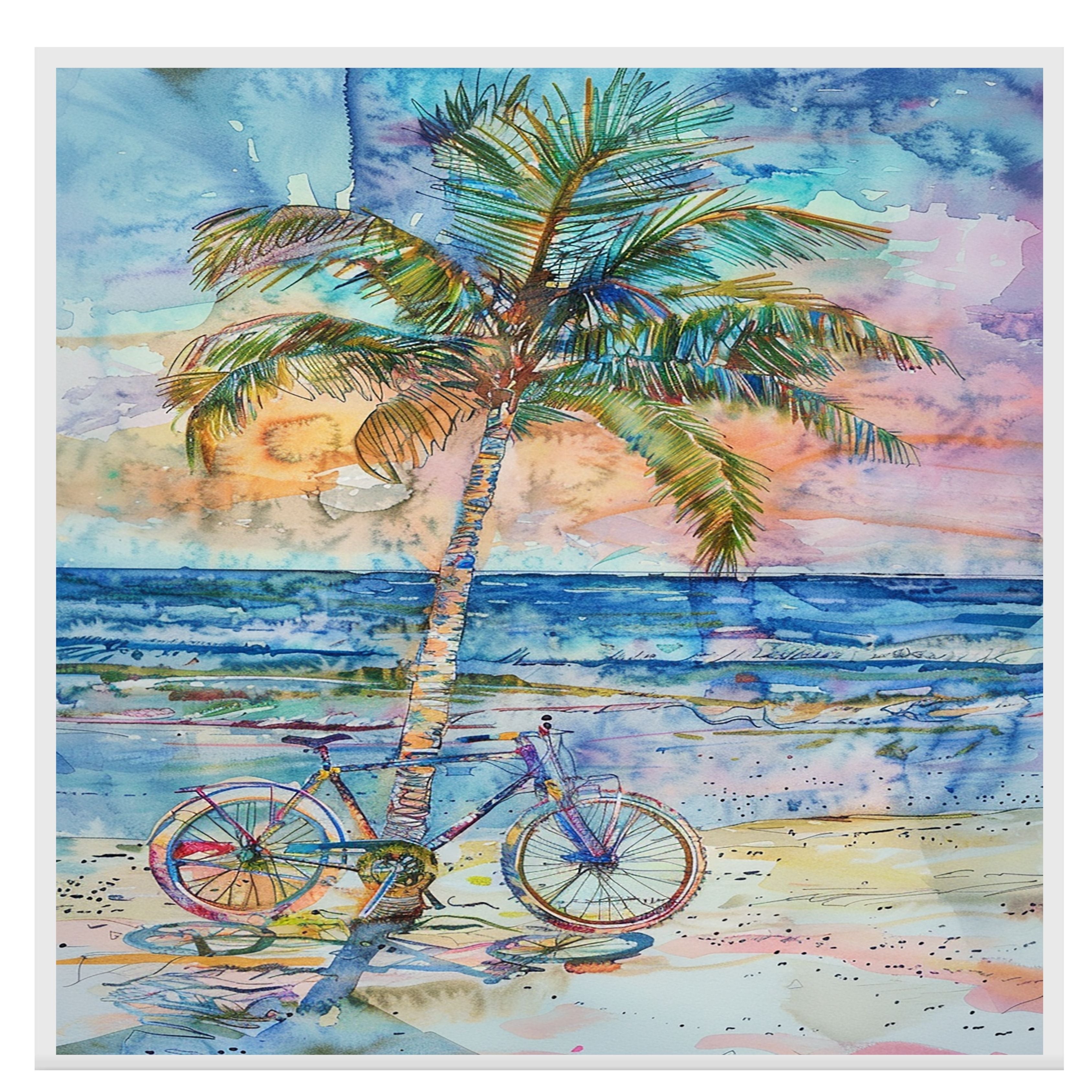 Palm Tree and Bicycle on the Beach Watercolor Painting with Vibrant Ocean Sunset on Ready to Hang 1.5" Thick Canvas Wrap, Floating Framed Canvas, Flat Rolled Canvas