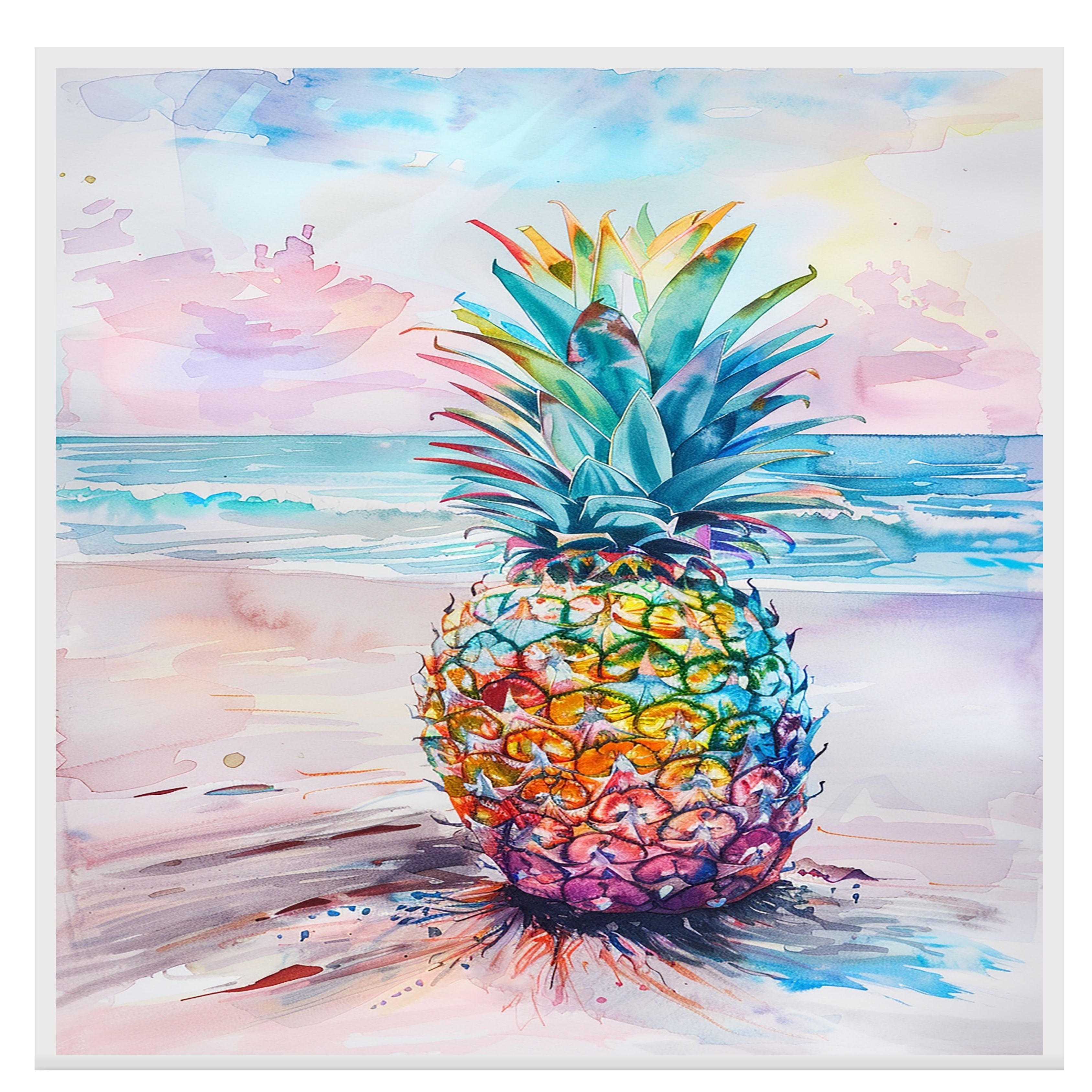 Colorful Pineapple Watercolor Painting with Tropical Beach and Ocean Background on Ready to Hang 1.5" Thick Canvas Wrap, Floating Framed Canvas, Flat Rolled Canvas