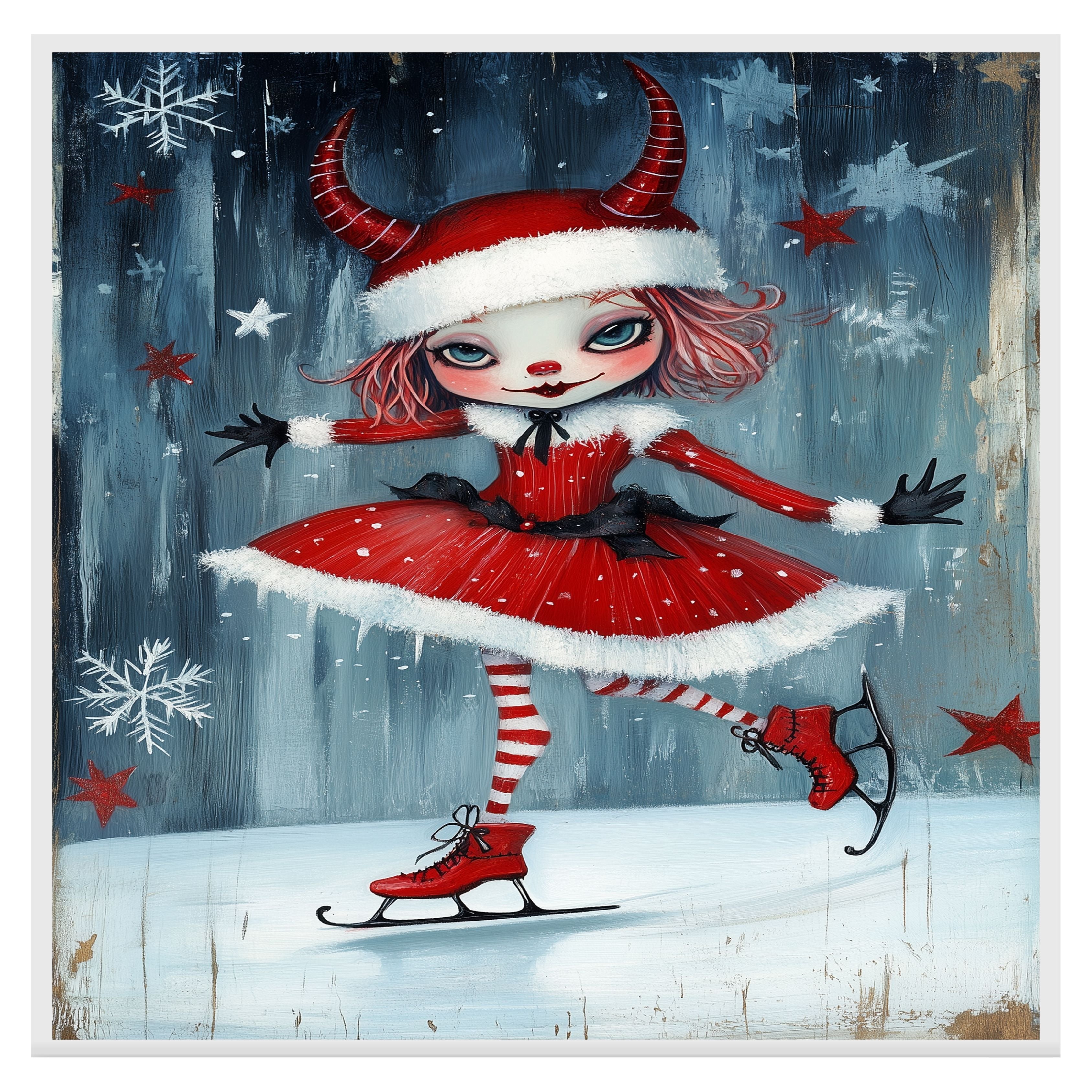 Whimsical Christmas Devil Girl Ice Skating in Red Santa Dress with Horns and Candy Cane Stripes Winter Fantasy Art Print or Canvas for Holiday Wall Decor on Ready to Hang 1.5" Thick Canvas Wrap, Floating Framed Canvas, Flat Rolled Canvas