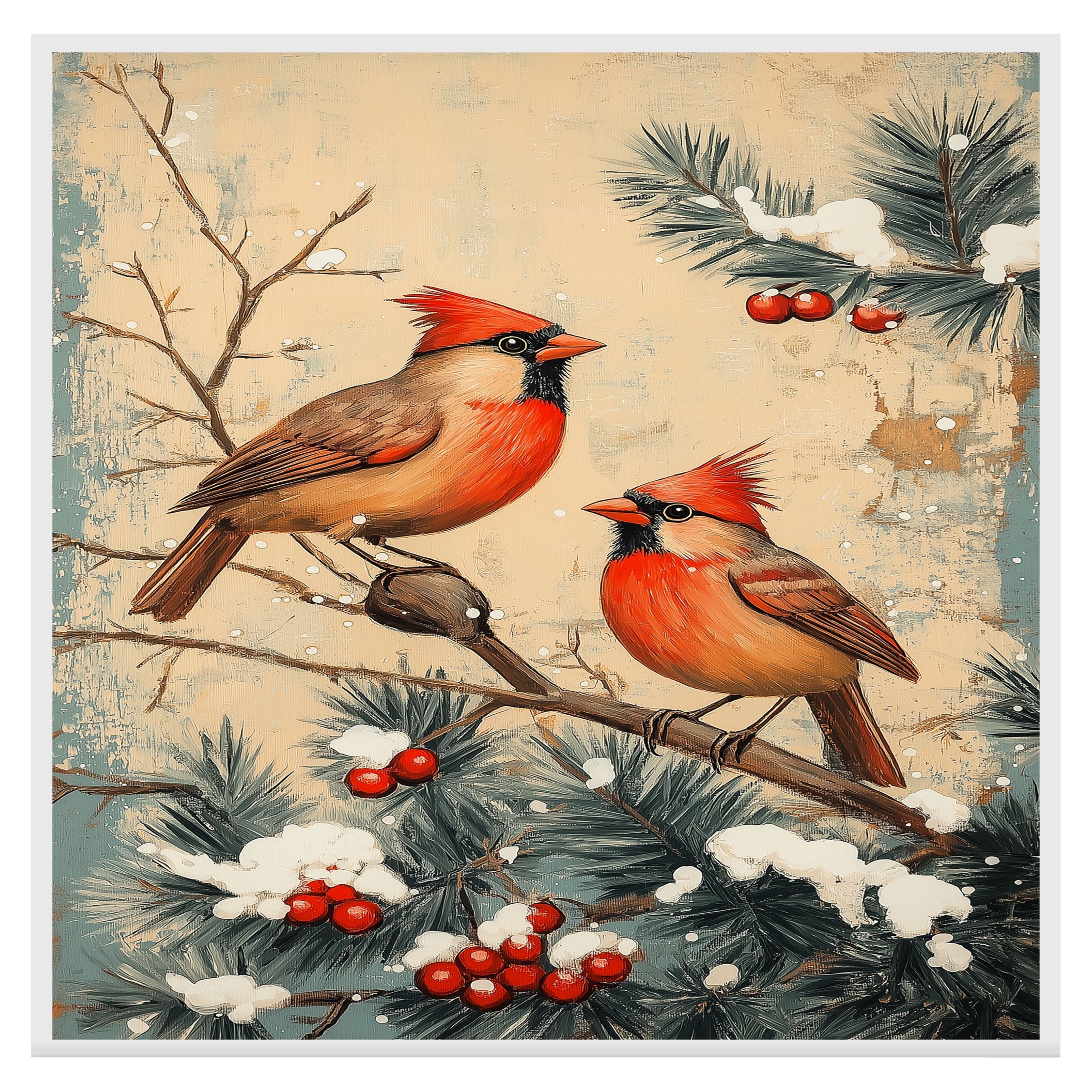 Charming Retro Style Painting of Two Cardinals on Snowy Branches with Pine and Red Berries Perfect for Christmas Decoration or Winter Nature Themed Gift on Ready to Hang 1.5" Thick Canvas Wrap, Floating Framed Canvas, Flat Rolled Canvas