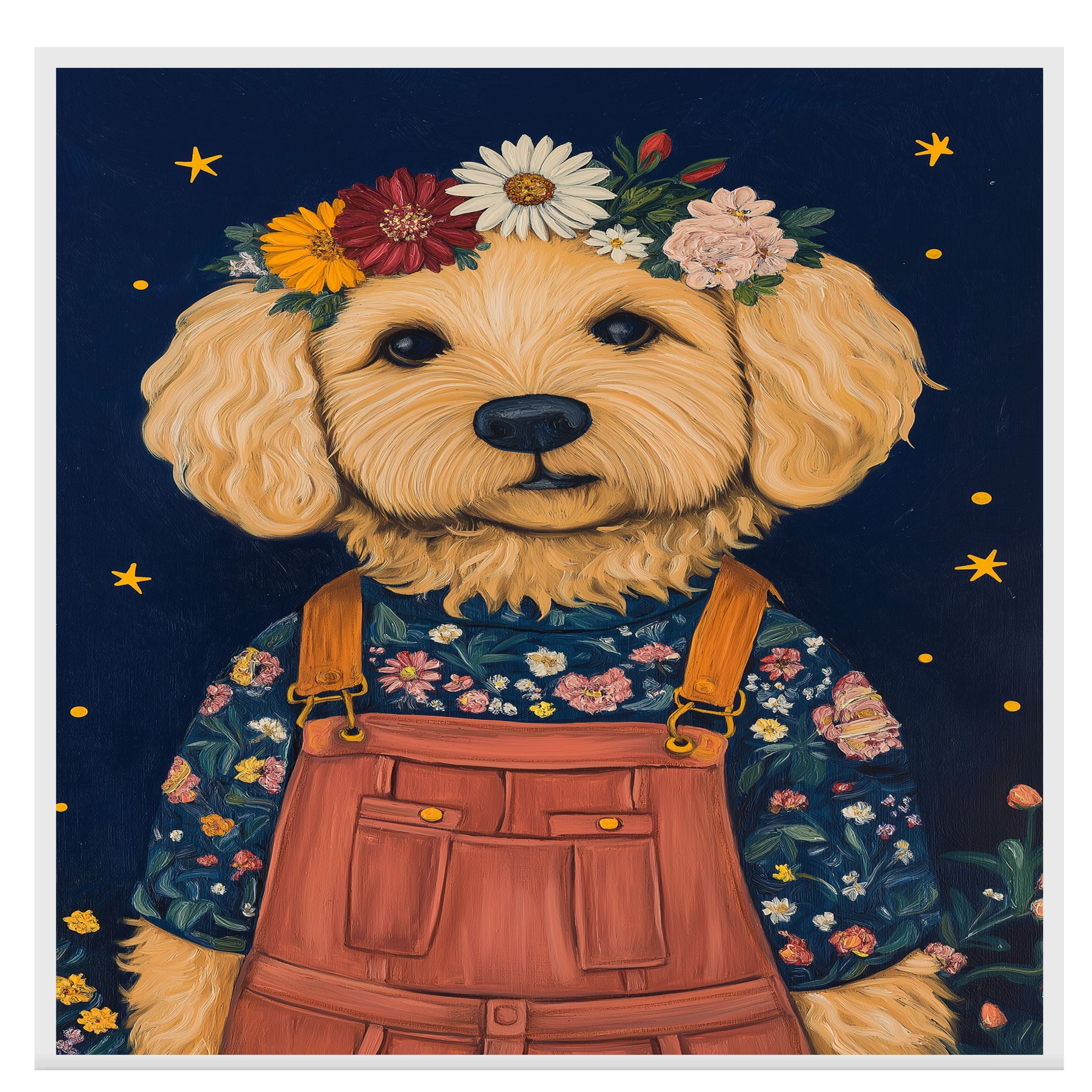 Charming Golden Doodle in Floral Overalls and Flower Crown Playful Dog Art for Nursery Kids Room Living Room Decor and Perfect Gift for Dog Lovers on Ready to Hang 1.5" Thick Canvas Wrap, Floating Framed Canvas, Flat Rolled Canvas