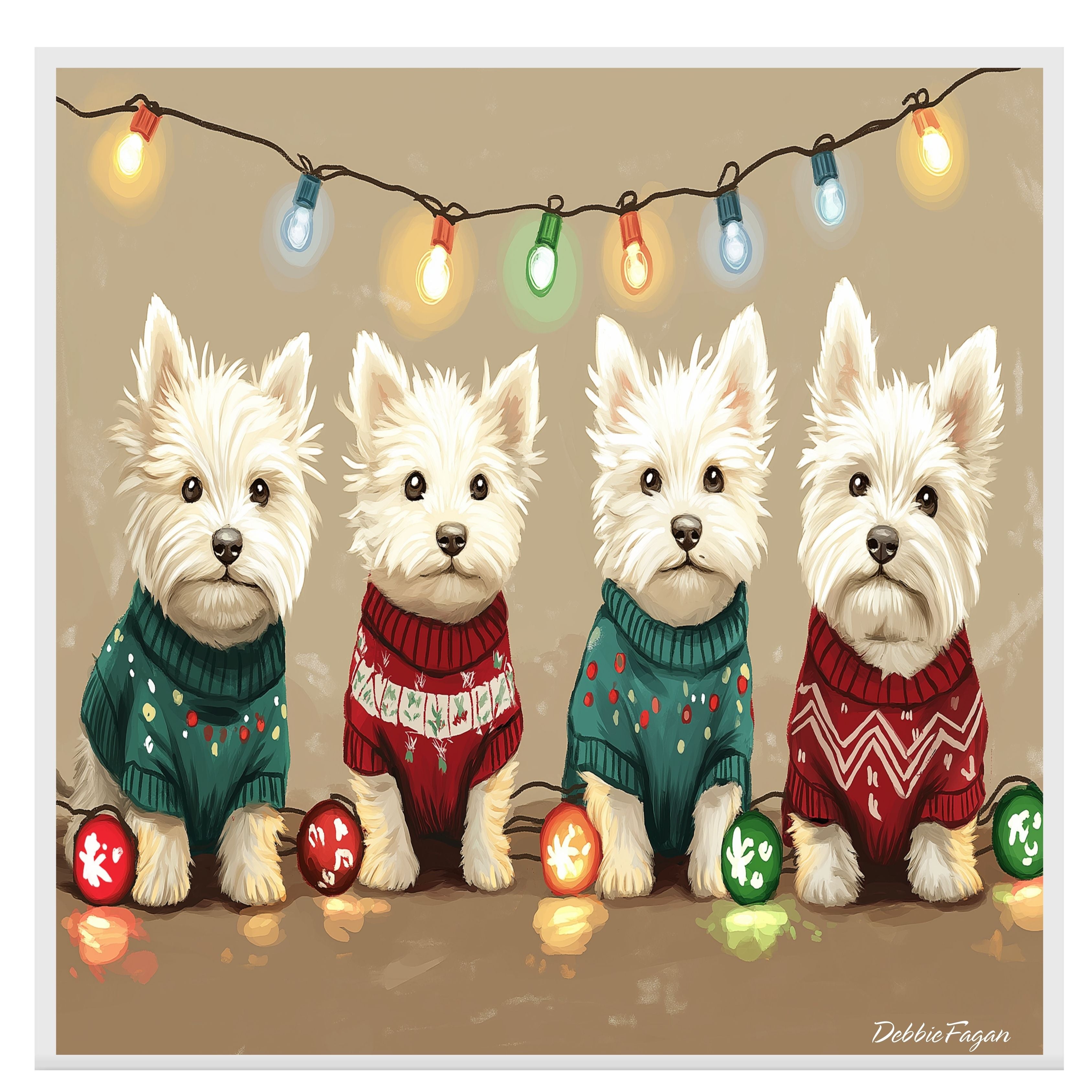 Dog Christmas Canvas  - "Highland Holiday Joy" - West Highland Terriers in Festive Sweaters with Christmas Lights on Ready to Hang 1.5" Thick Canvas Wrap, Floating Framed Canvas, Flat Rolled Canvas