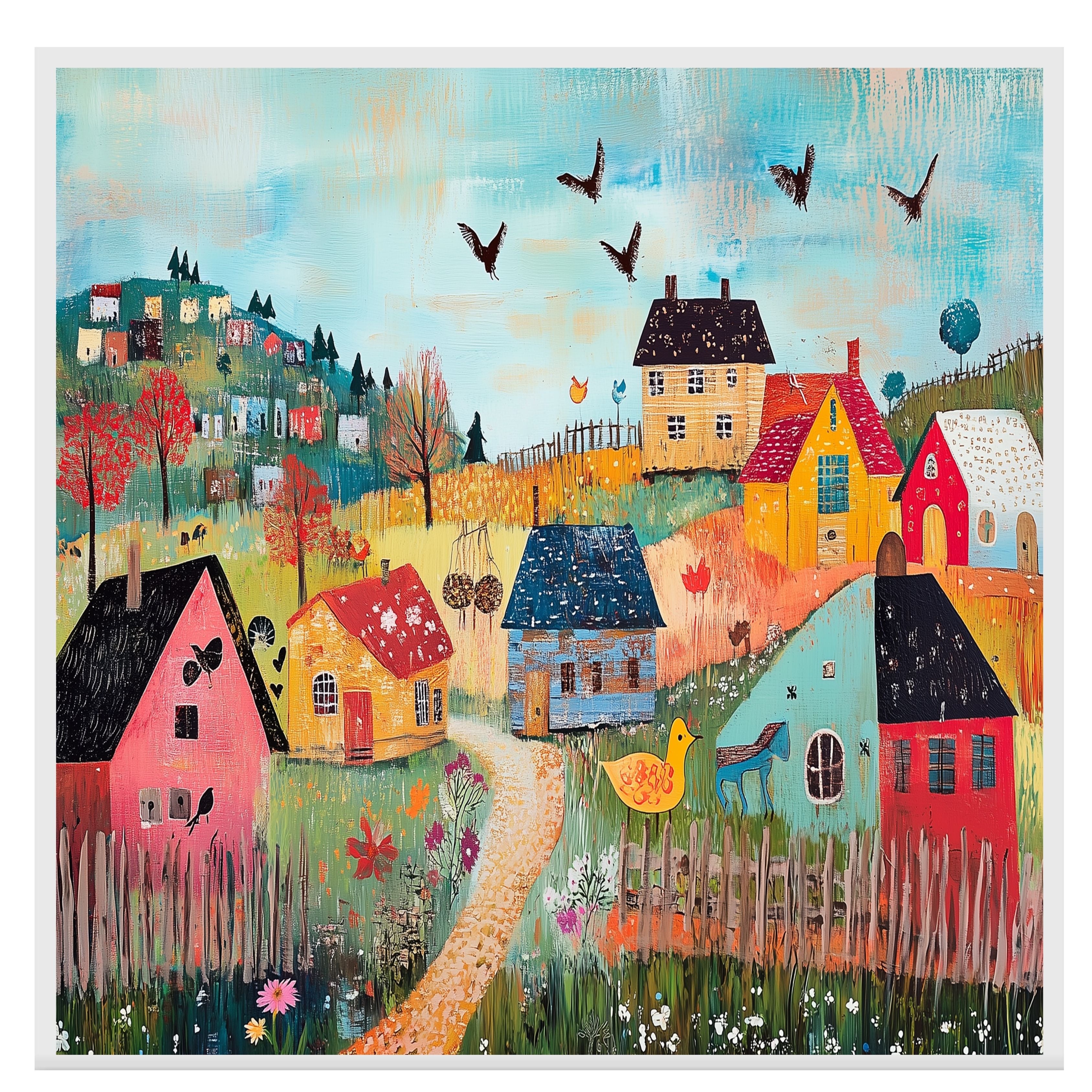 Colorful Folk Art Canvas Wall Art with Village Houses and Flowers